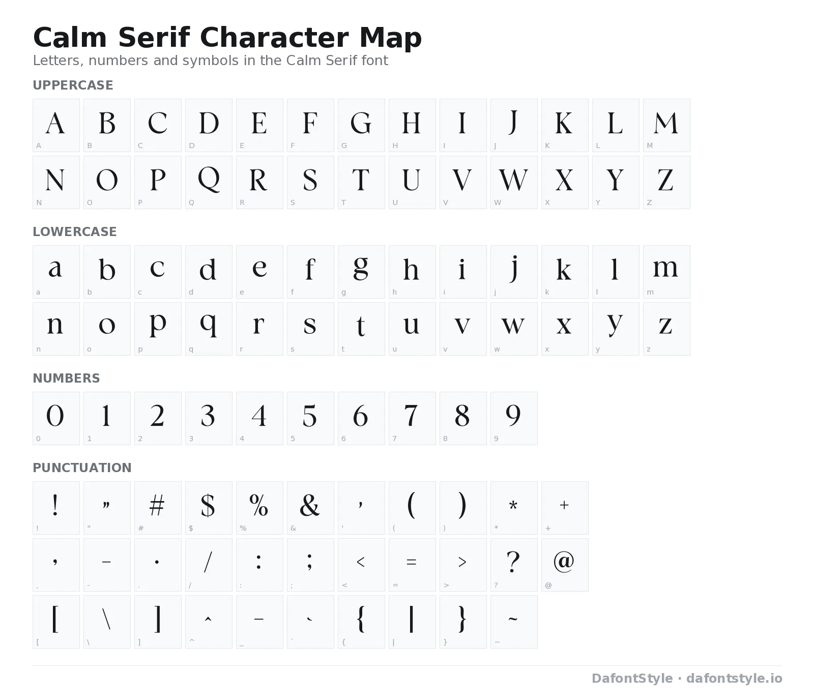 Calm Serif font character map with uppercase and lowercase letters, numbers and symbols