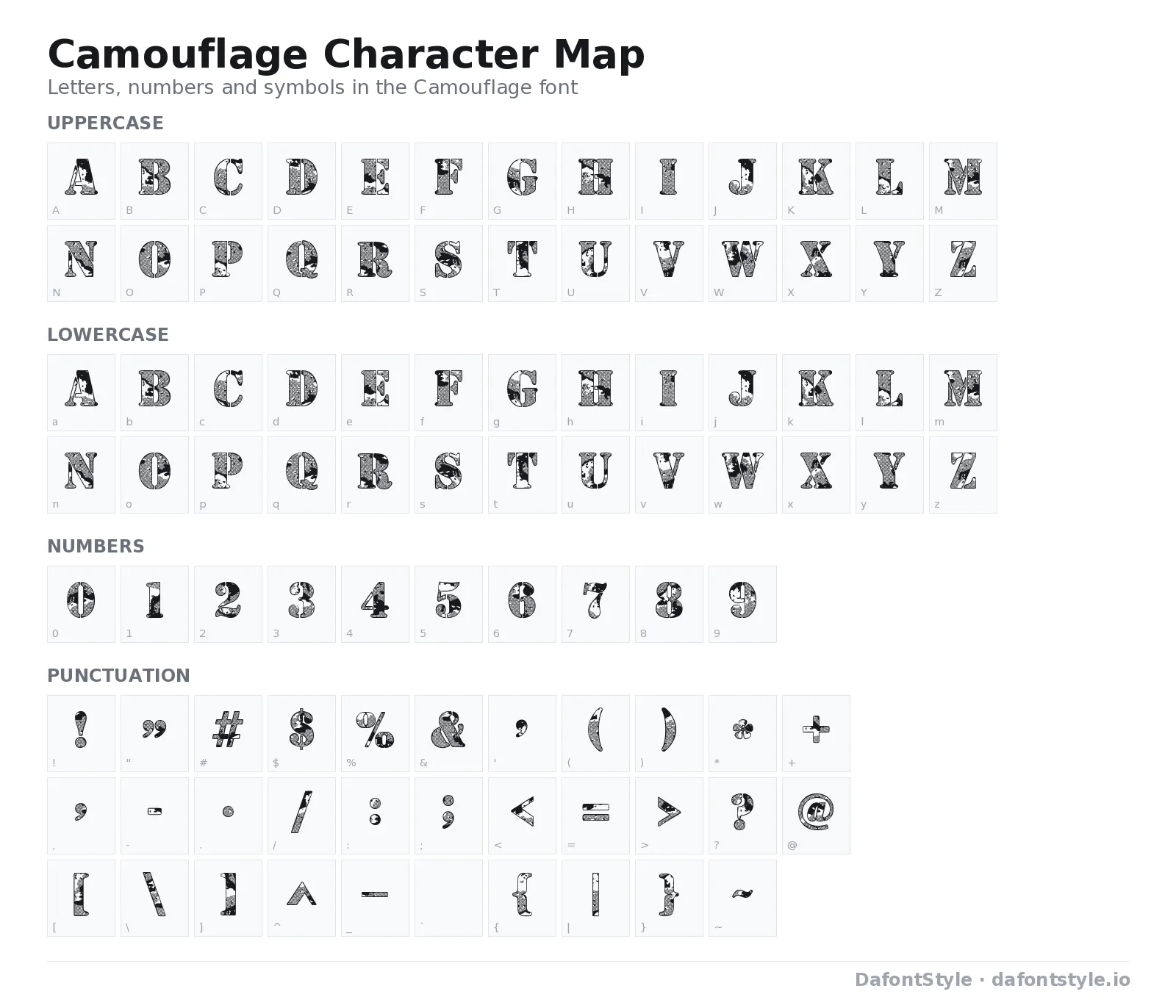 Camouflage font character map with uppercase and lowercase letters, numbers and symbols