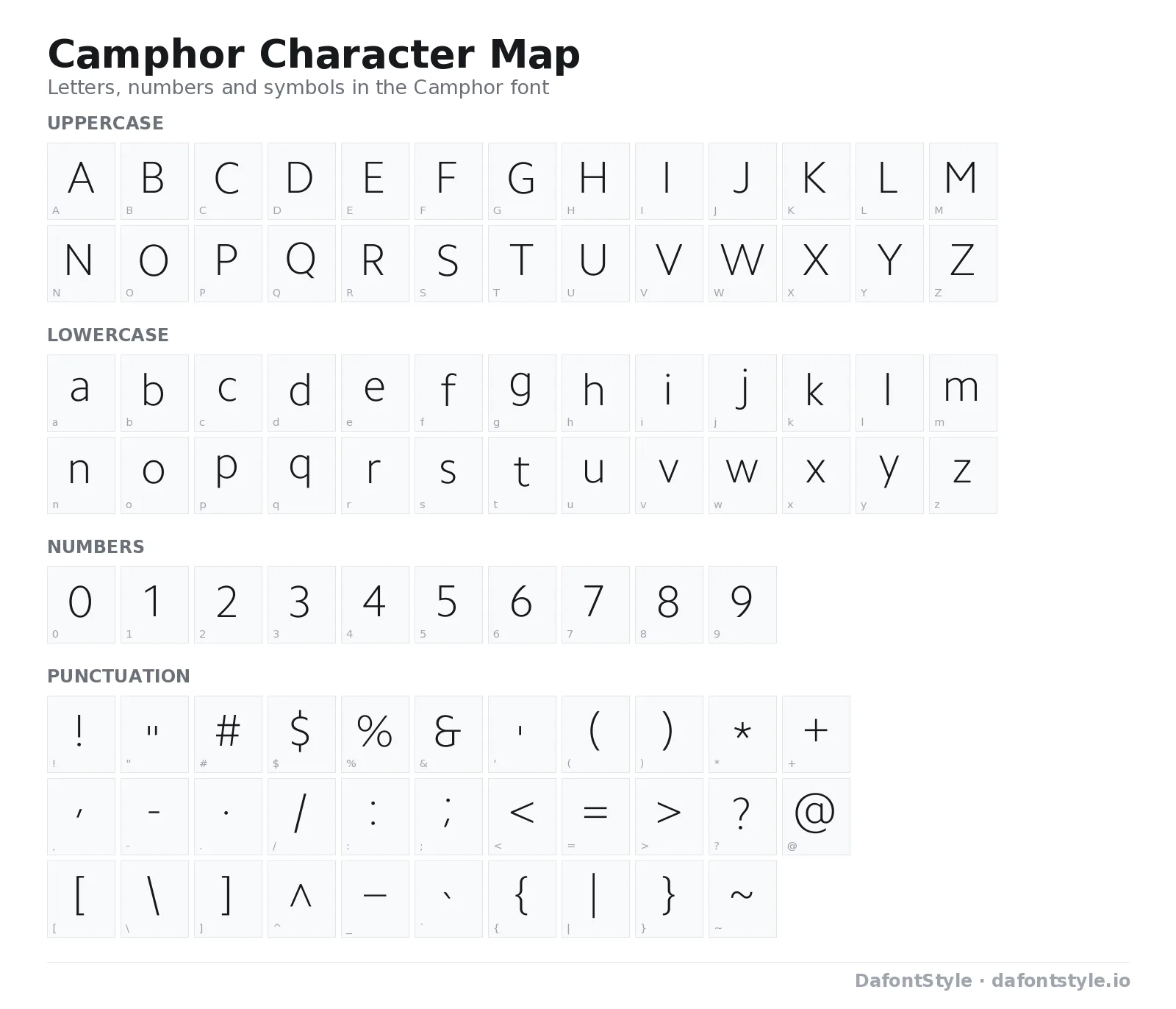 Camphor font character map with uppercase and lowercase letters, numbers and symbols