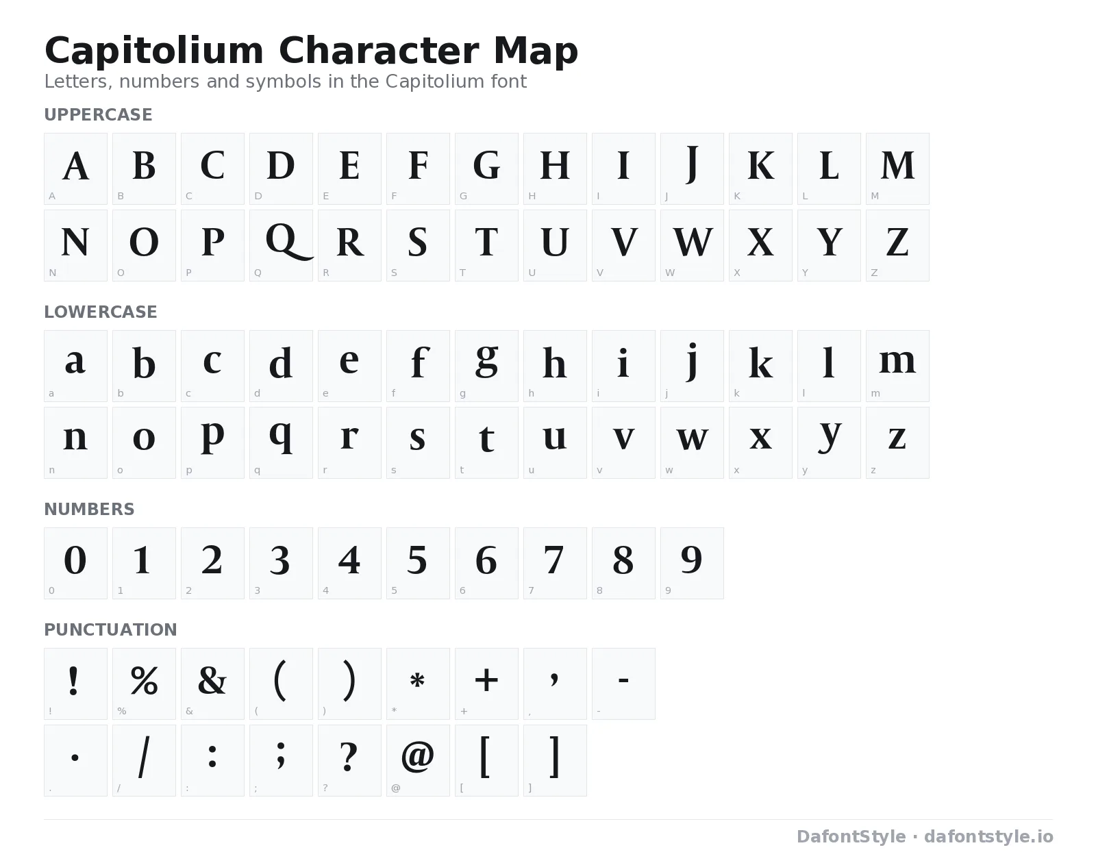 Capitolium font character map with uppercase and lowercase letters, numbers and symbols