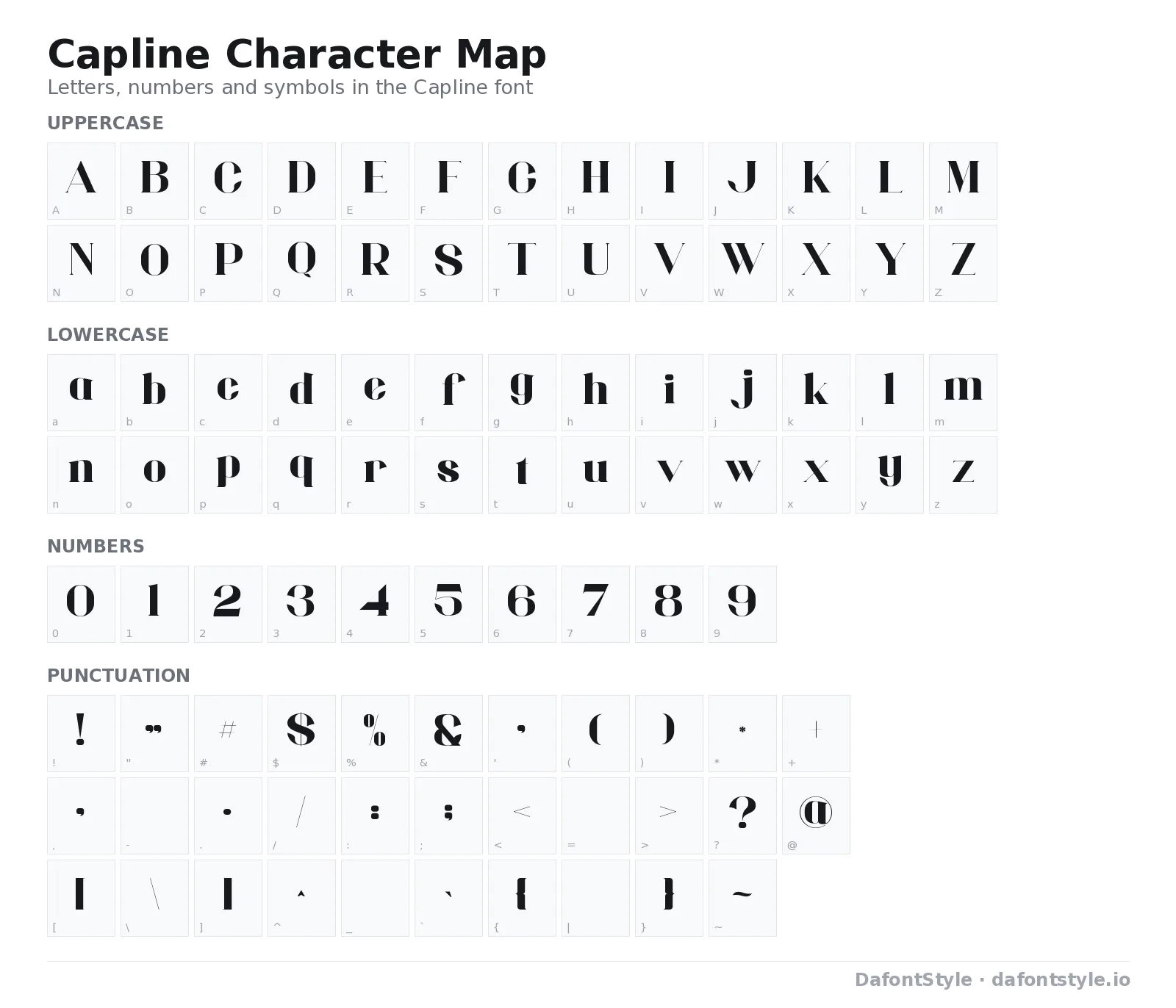 Capline font character map with uppercase and lowercase letters, numbers and symbols
