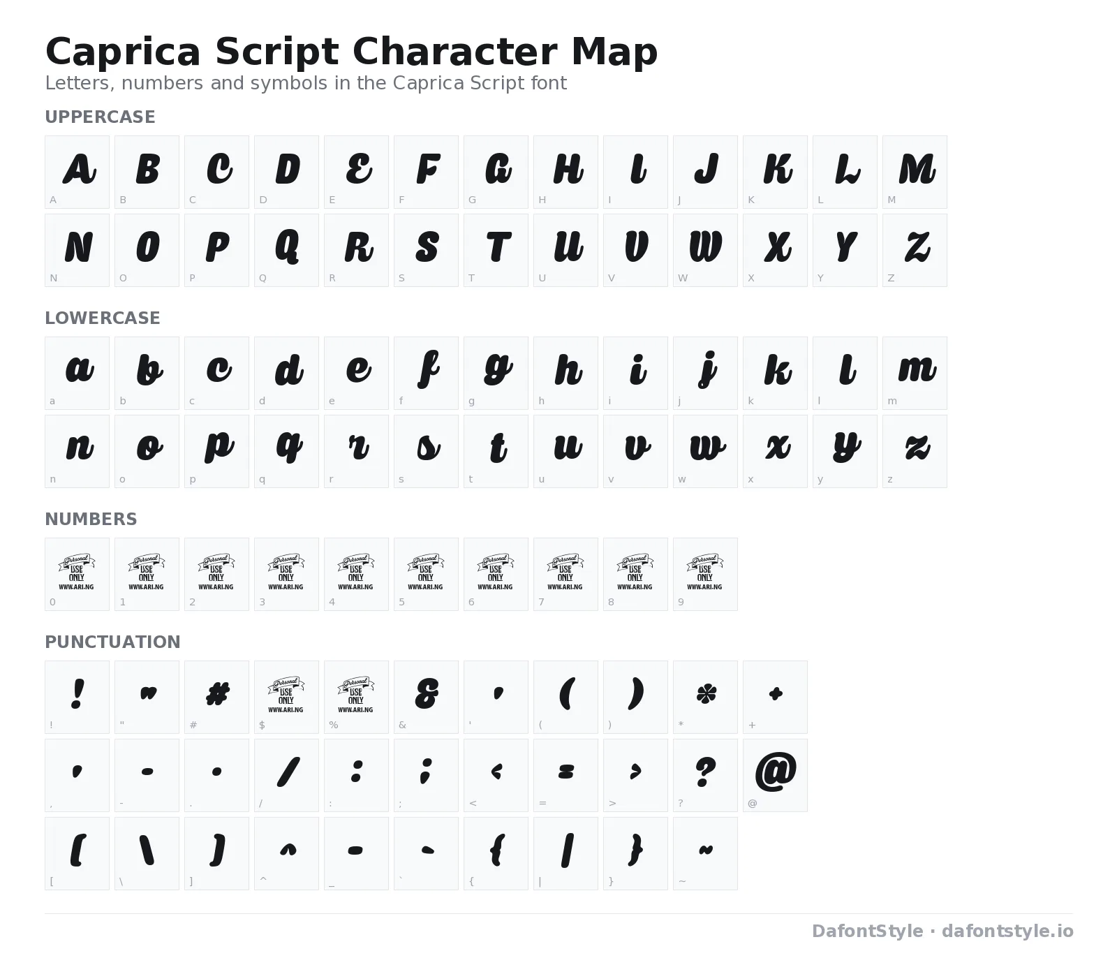 Caprica Script font character map with uppercase and lowercase letters, numbers and symbols