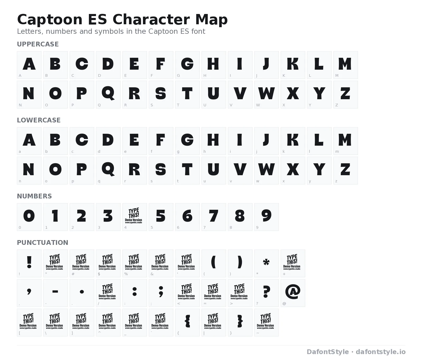 Captoon ES font character map with uppercase and lowercase letters, numbers and symbols