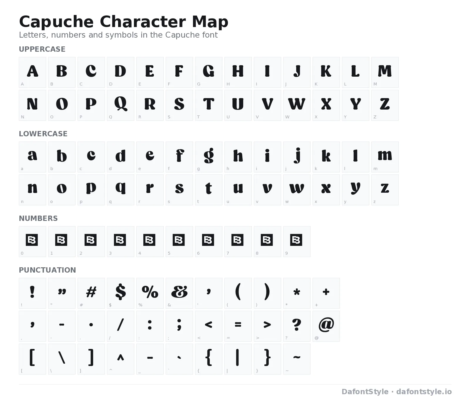 Capuche font character map with uppercase and lowercase letters, numbers and symbols