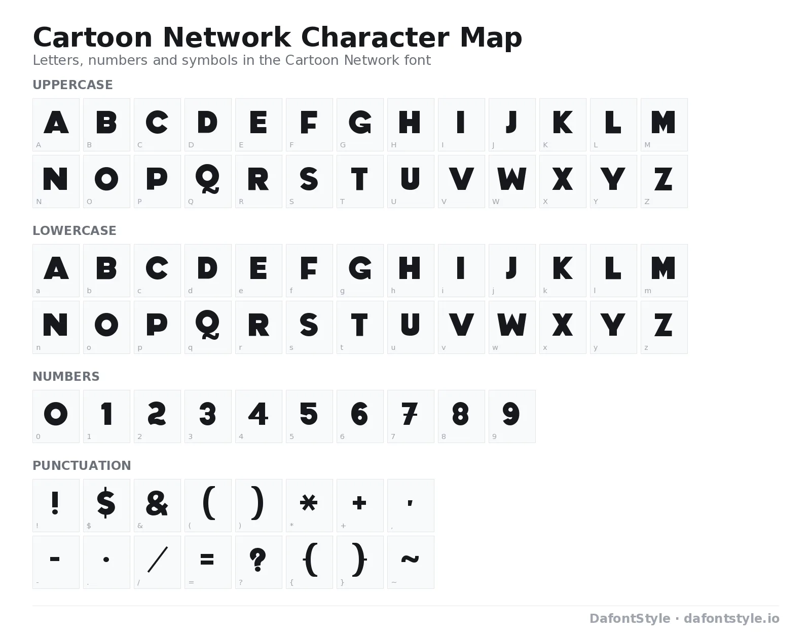 Cartoon Network font character map with uppercase and lowercase letters, numbers and symbols