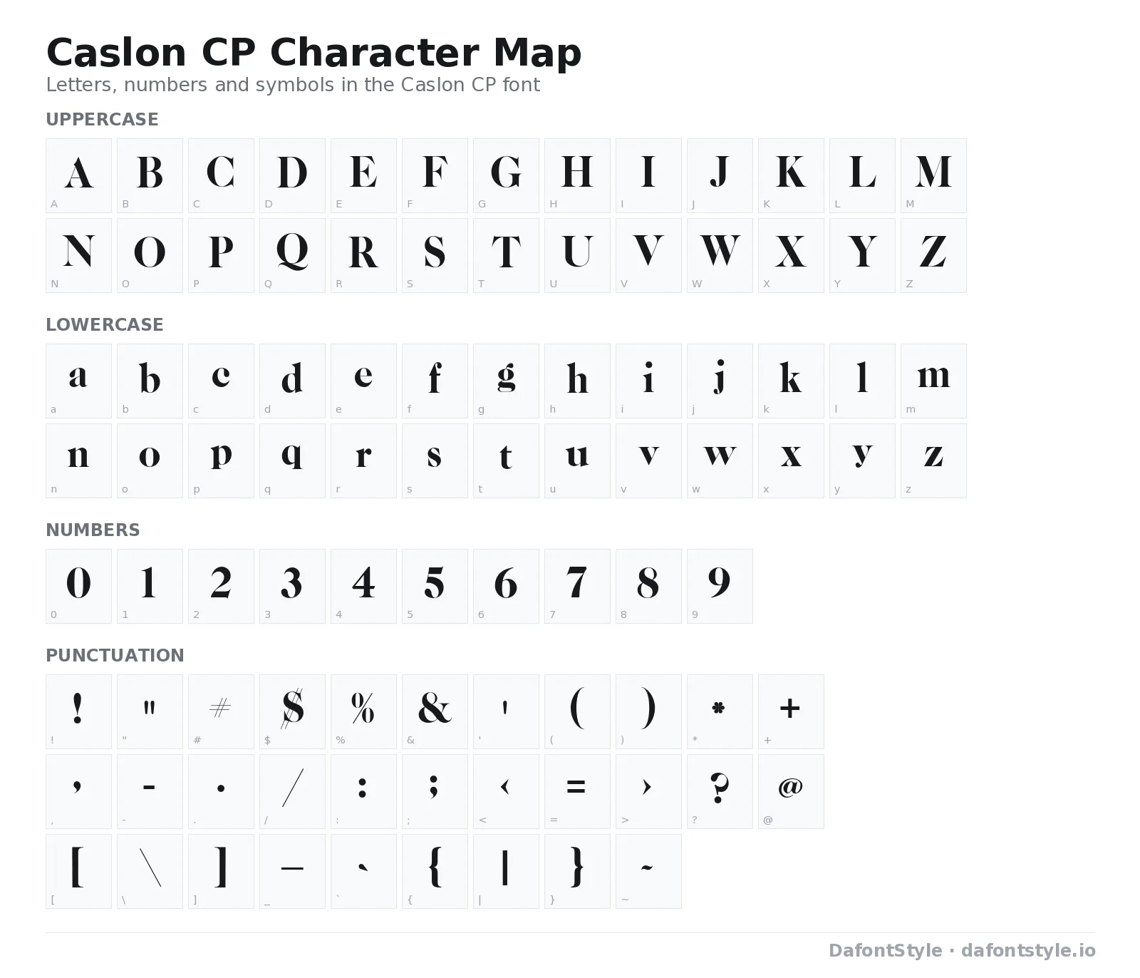 Caslon CP font character map with uppercase and lowercase letters, numbers and symbols