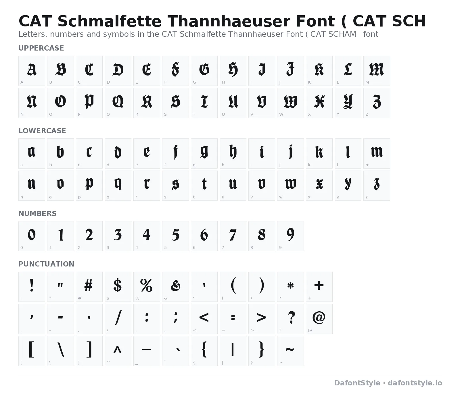 CAT Schmalfette Thannhaeuser Font ( CAT SCHAME ) font character map with uppercase and lowercase letters, numbers and symbols