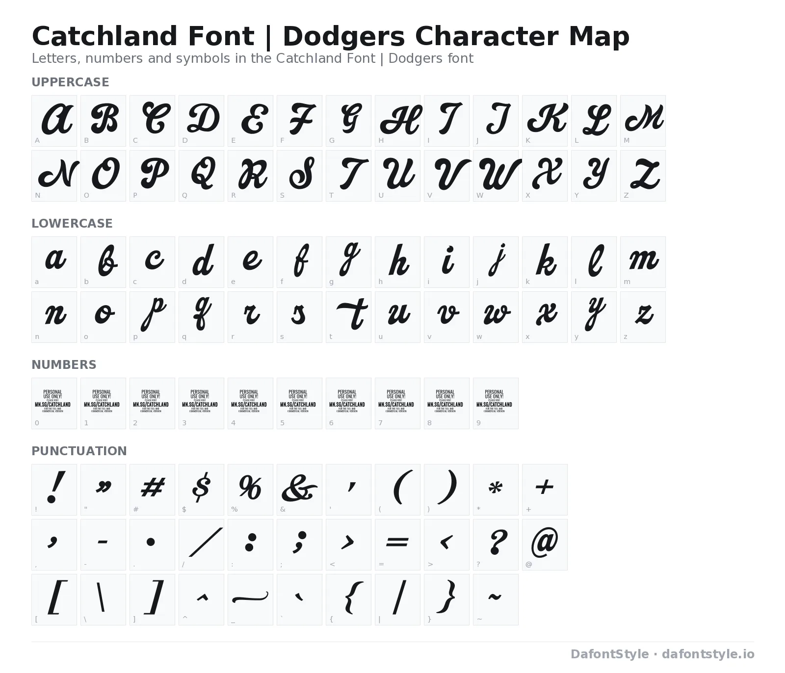 Catchland Font | Dodgers font character map with uppercase and lowercase letters, numbers and symbols