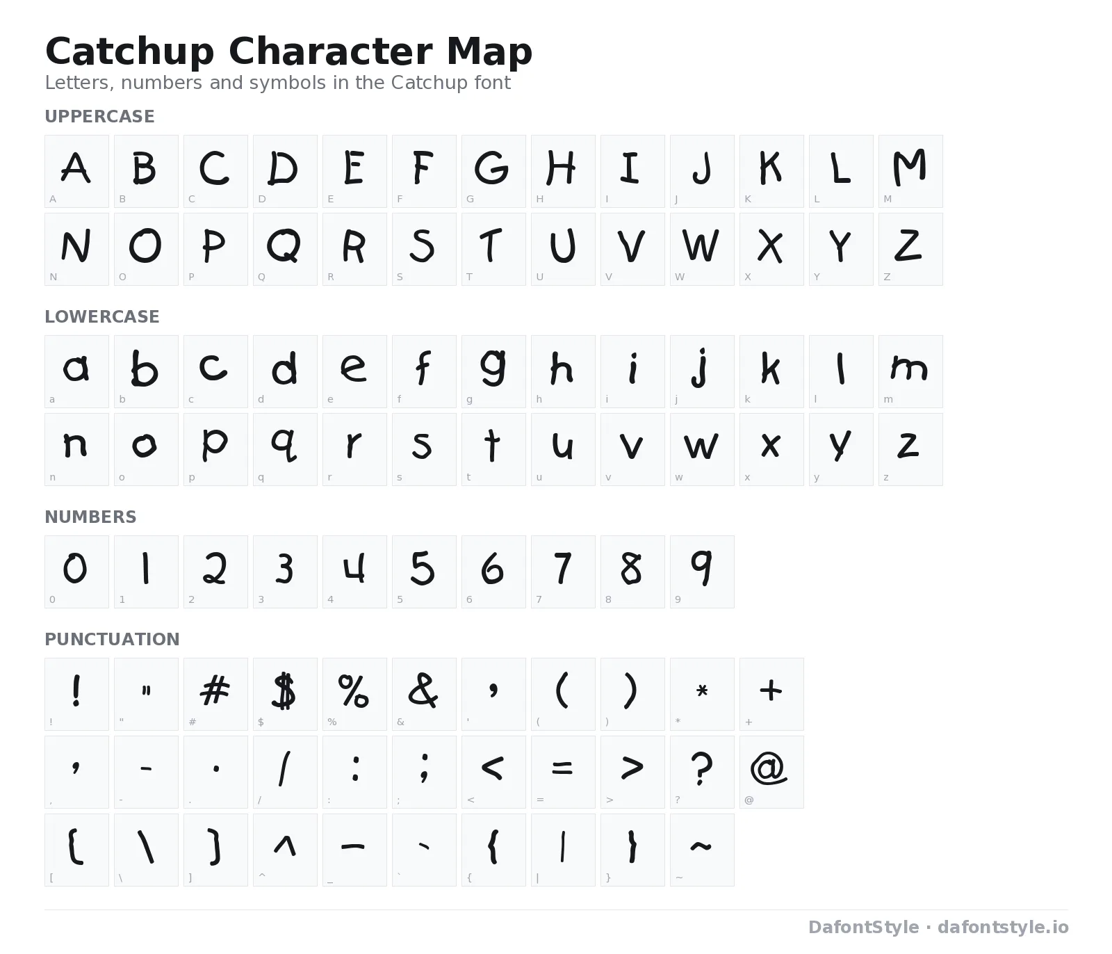 Catchup font character map with uppercase and lowercase letters, numbers and symbols