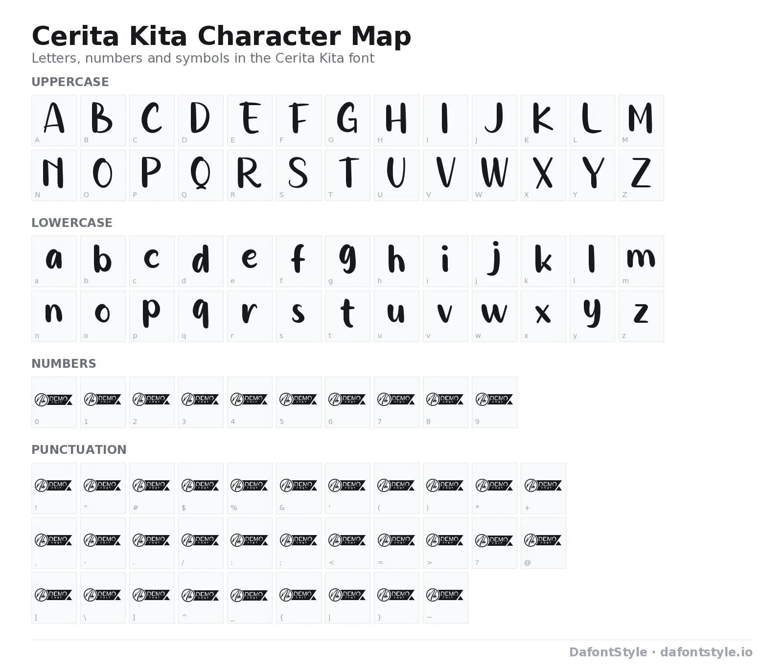 Cerita Kita font character map with uppercase and lowercase letters, numbers and symbols