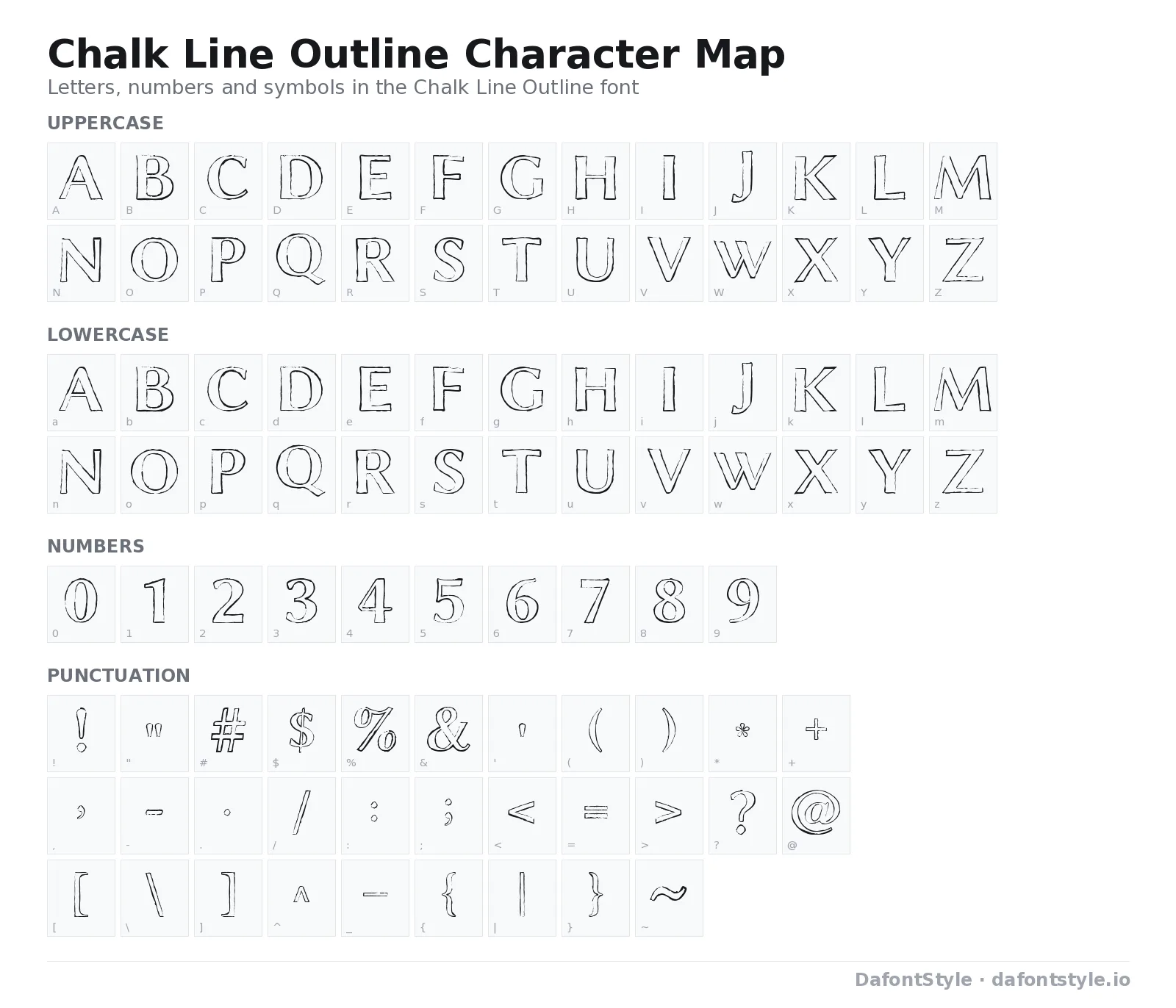 Chalk Line Outline font character map with uppercase and lowercase letters, numbers and symbols