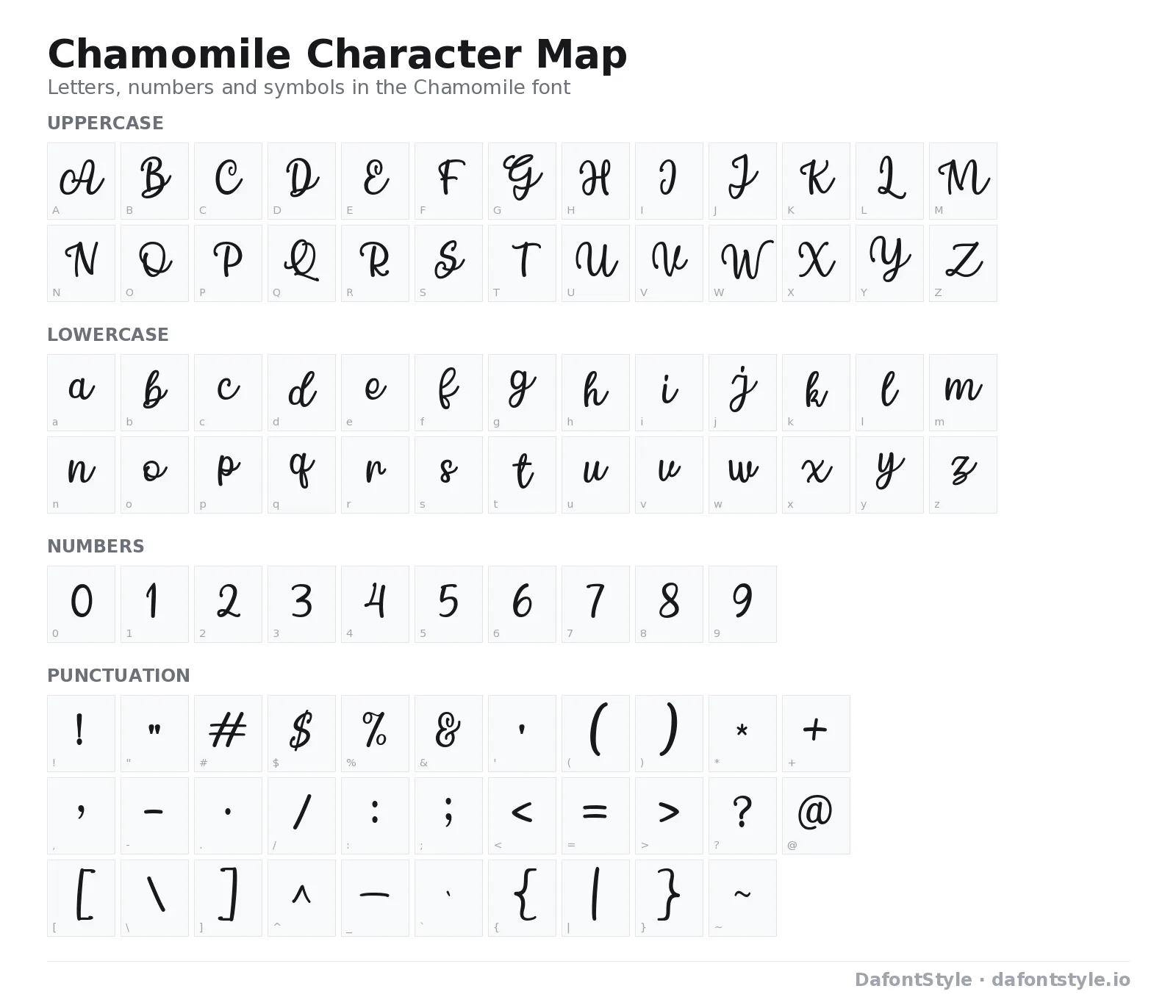 Chamomile font character map with uppercase and lowercase letters, numbers and symbols