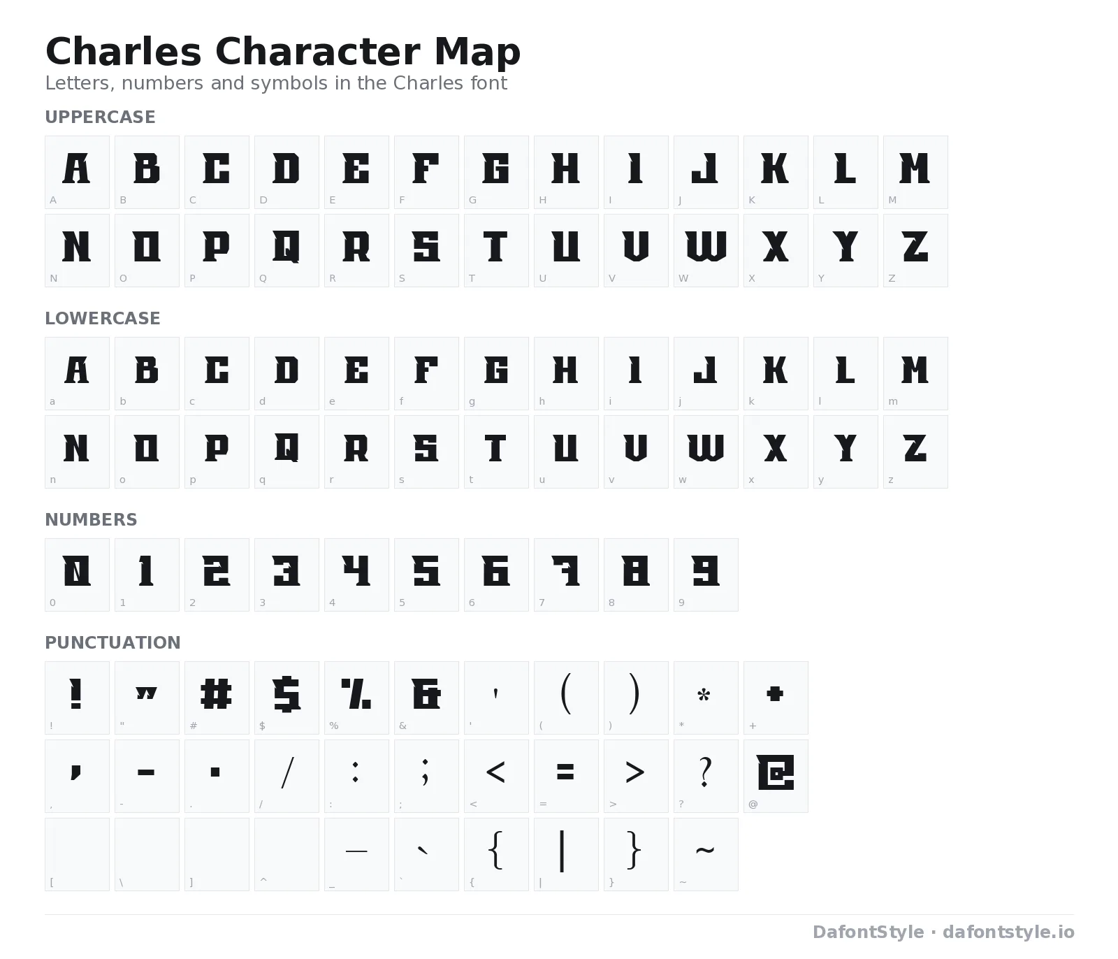 Charles font character map with uppercase and lowercase letters, numbers and symbols