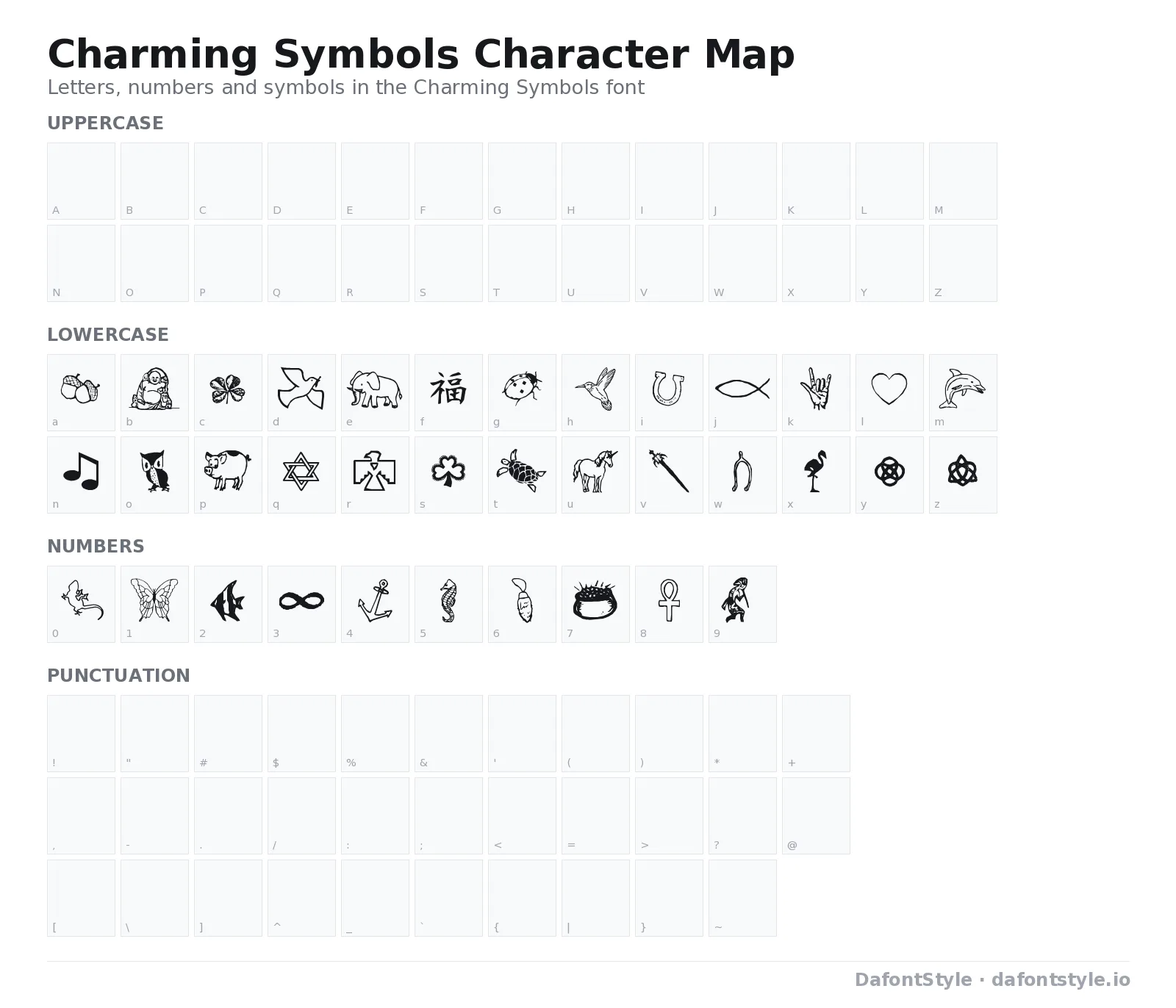 Charming Symbols font character map with uppercase and lowercase letters, numbers and symbols