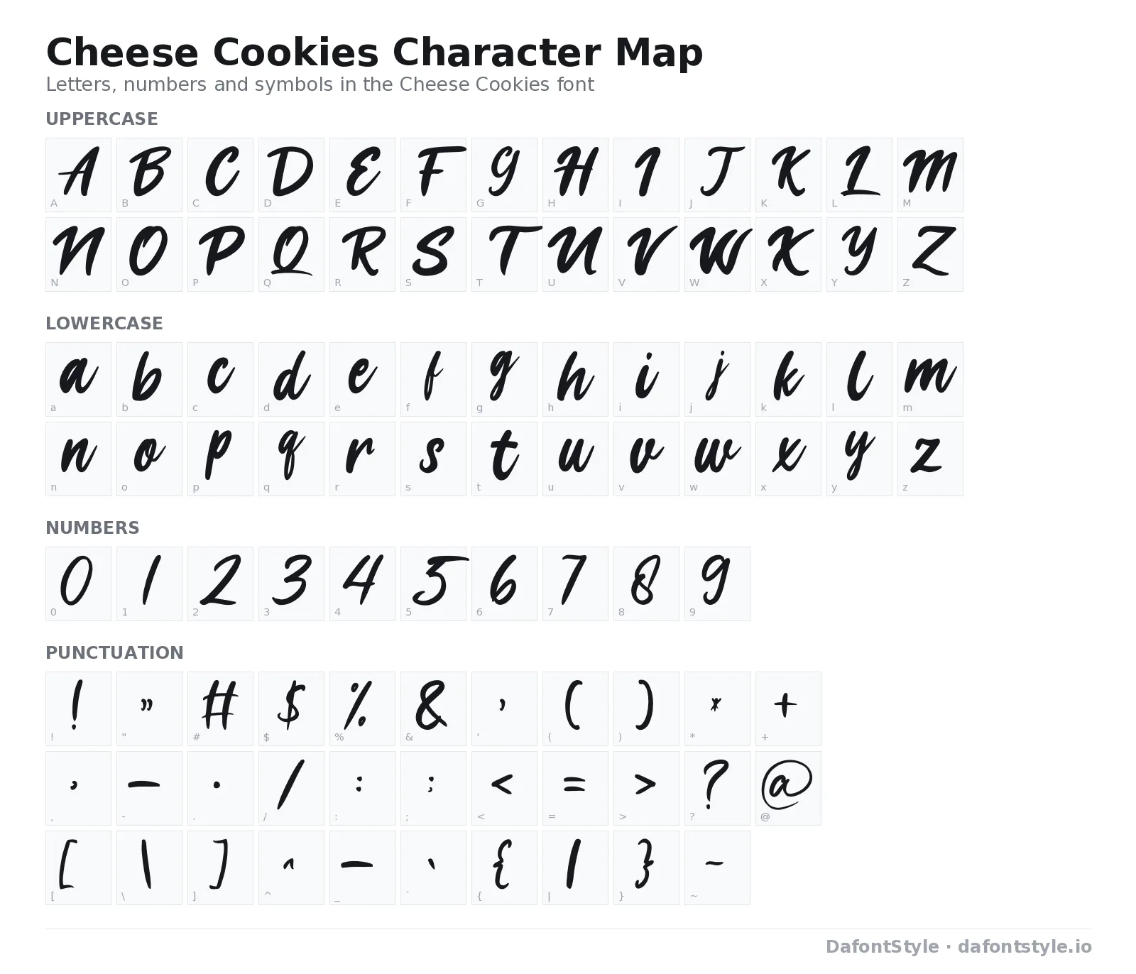 Cheese Cookies font character map with uppercase and lowercase letters, numbers and symbols