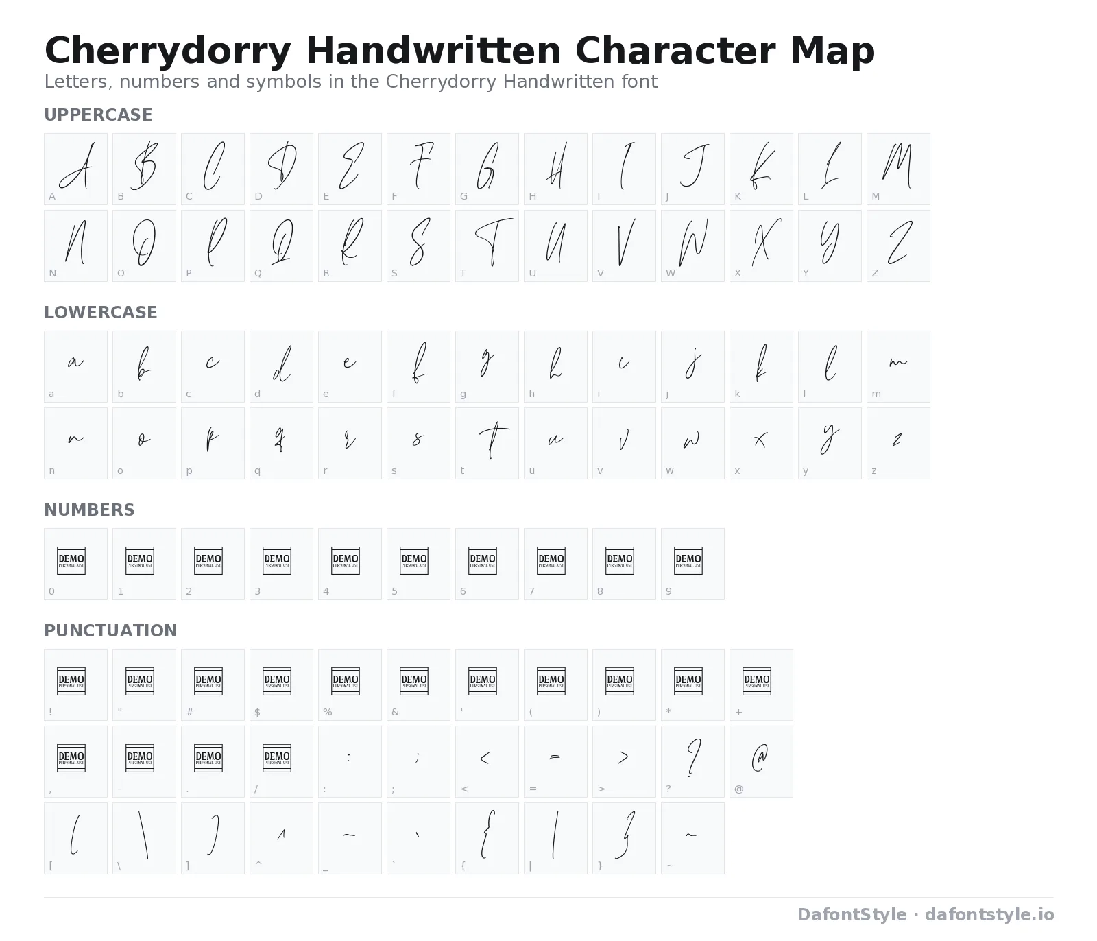Cherrydorry Handwritten font character map with uppercase and lowercase letters, numbers and symbols