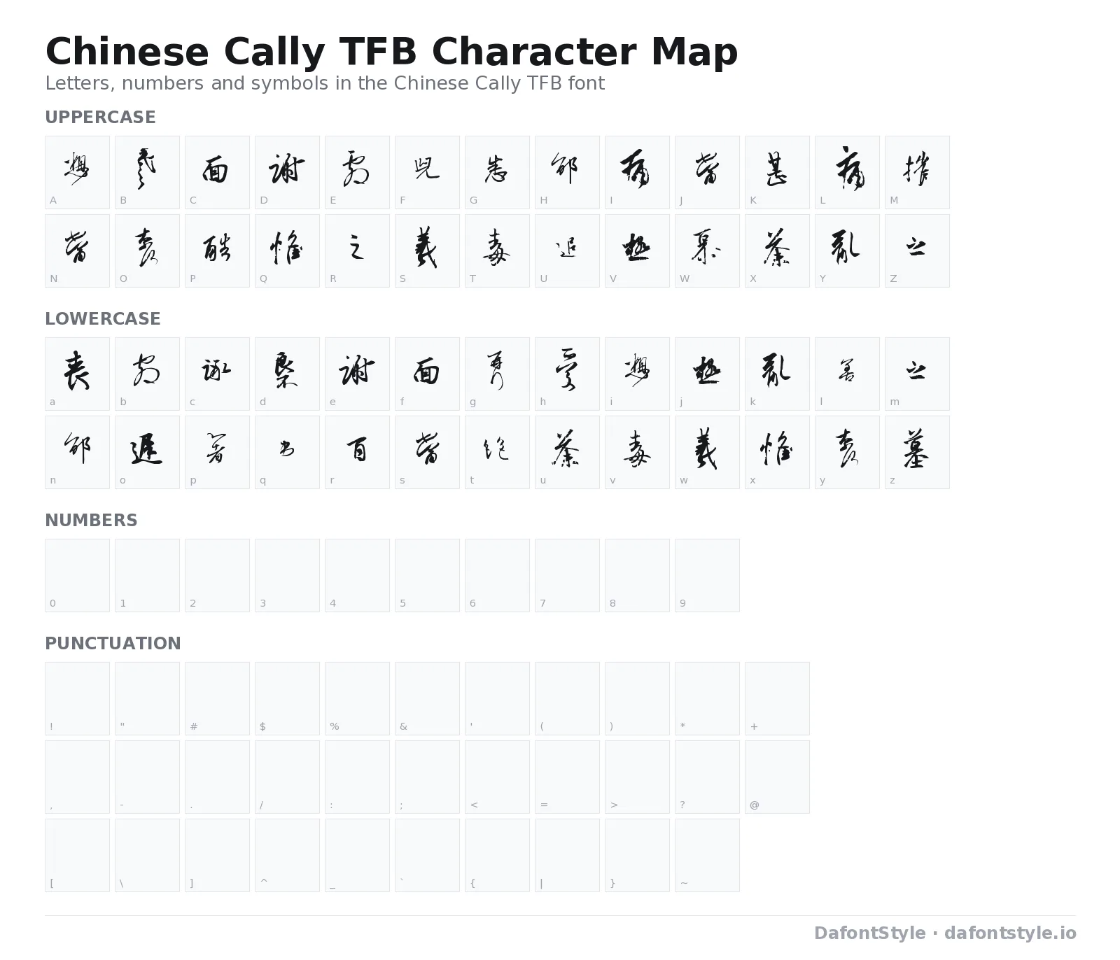 Chinese Cally TFB font character map with uppercase and lowercase letters, numbers and symbols