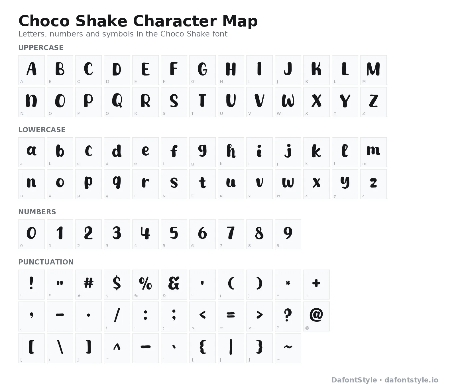 Choco Shake font character map with uppercase and lowercase letters, numbers and symbols