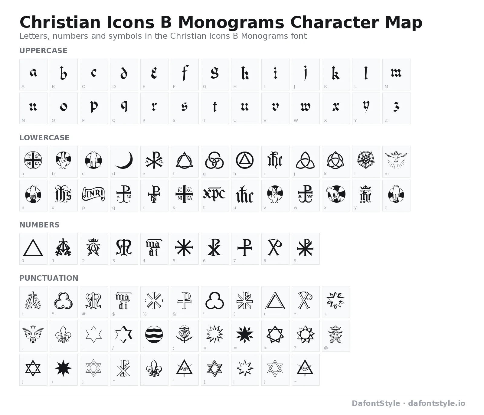 Christian Icons B Monograms font character map with uppercase and lowercase letters, numbers and symbols