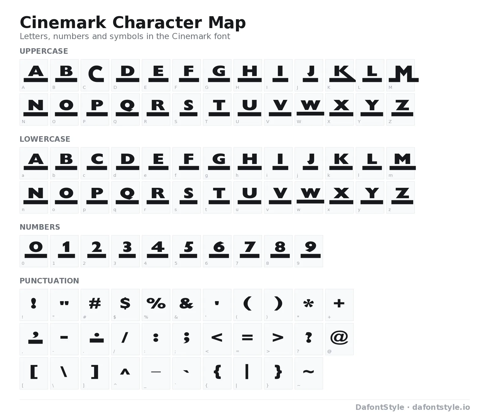 Cinemark font character map with uppercase and lowercase letters, numbers and symbols