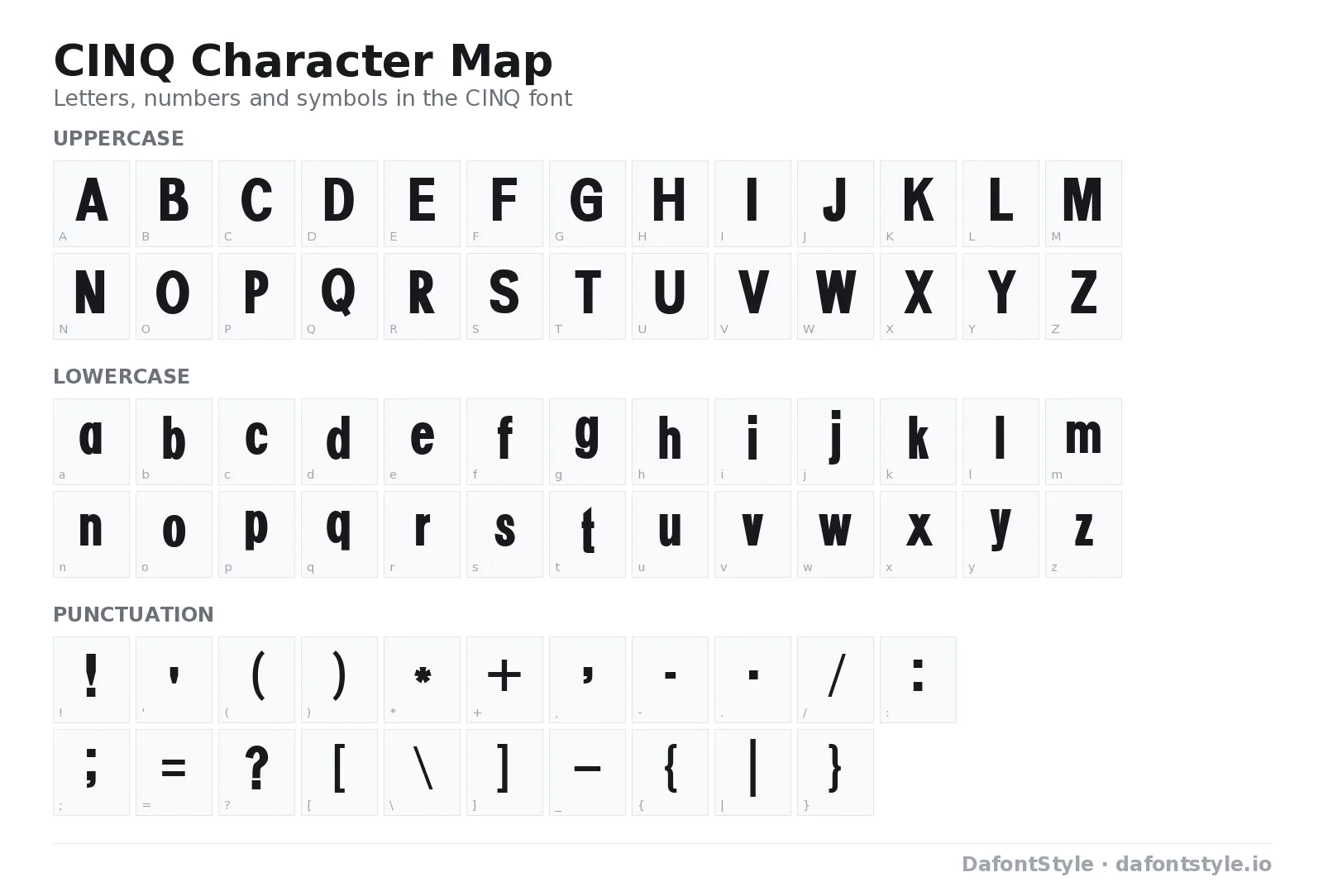 CINQ font character map with uppercase and lowercase letters, numbers and symbols