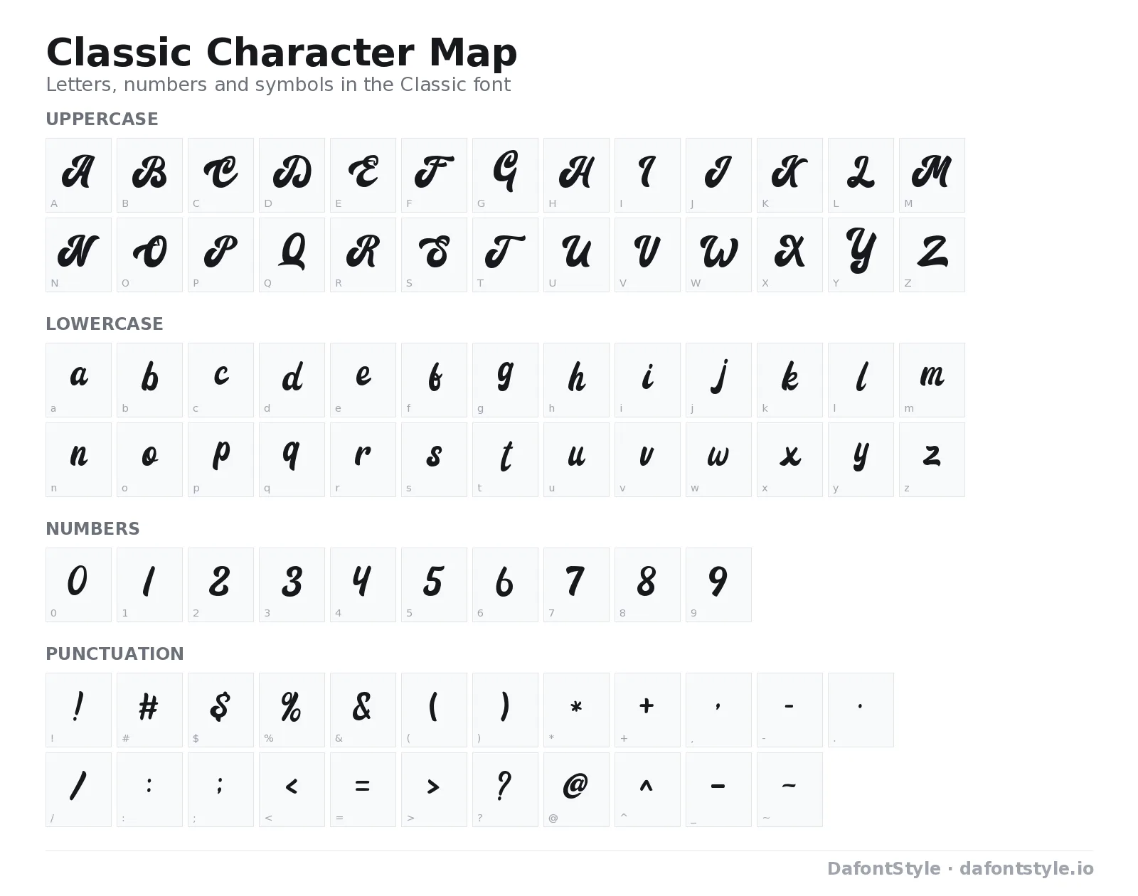 Classic font character map with uppercase and lowercase letters, numbers and symbols