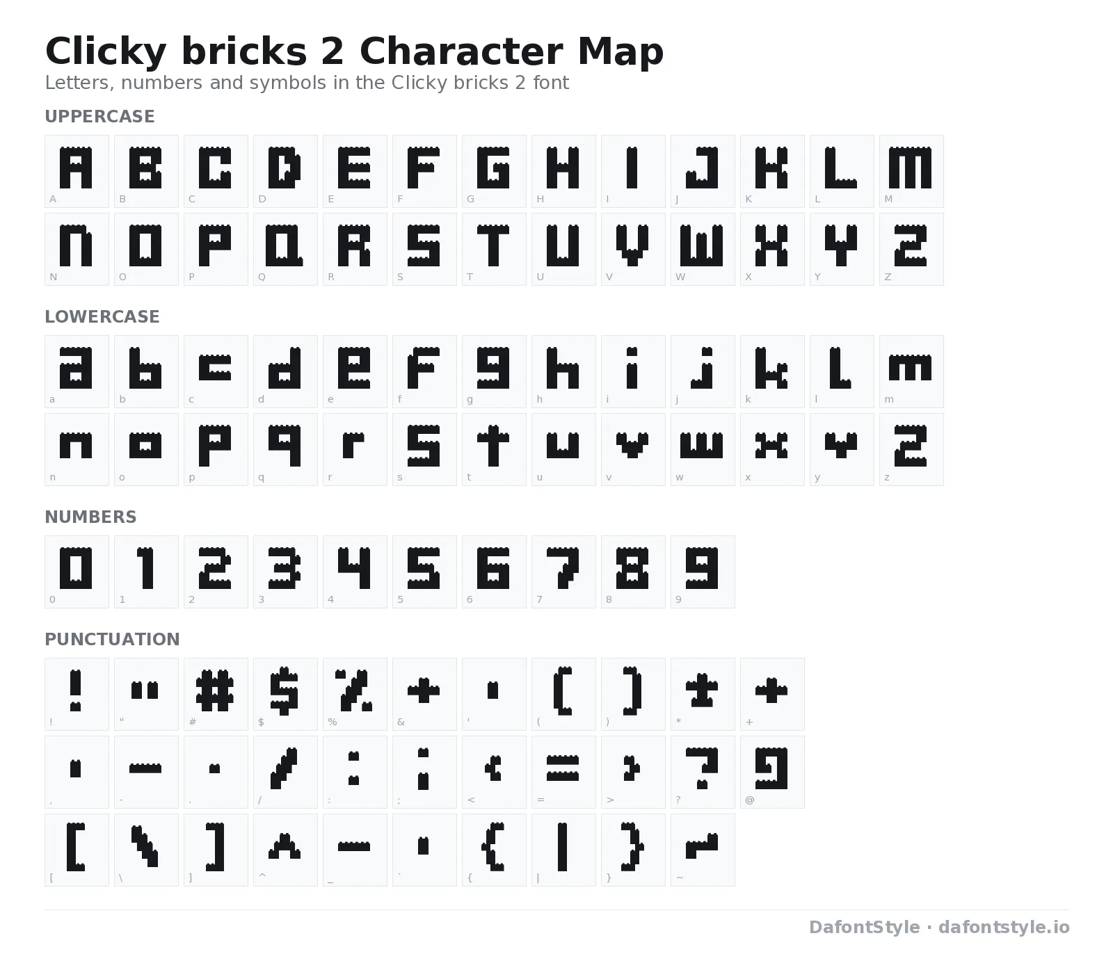 Clicky bricks 2 font character map with uppercase and lowercase letters, numbers and symbols