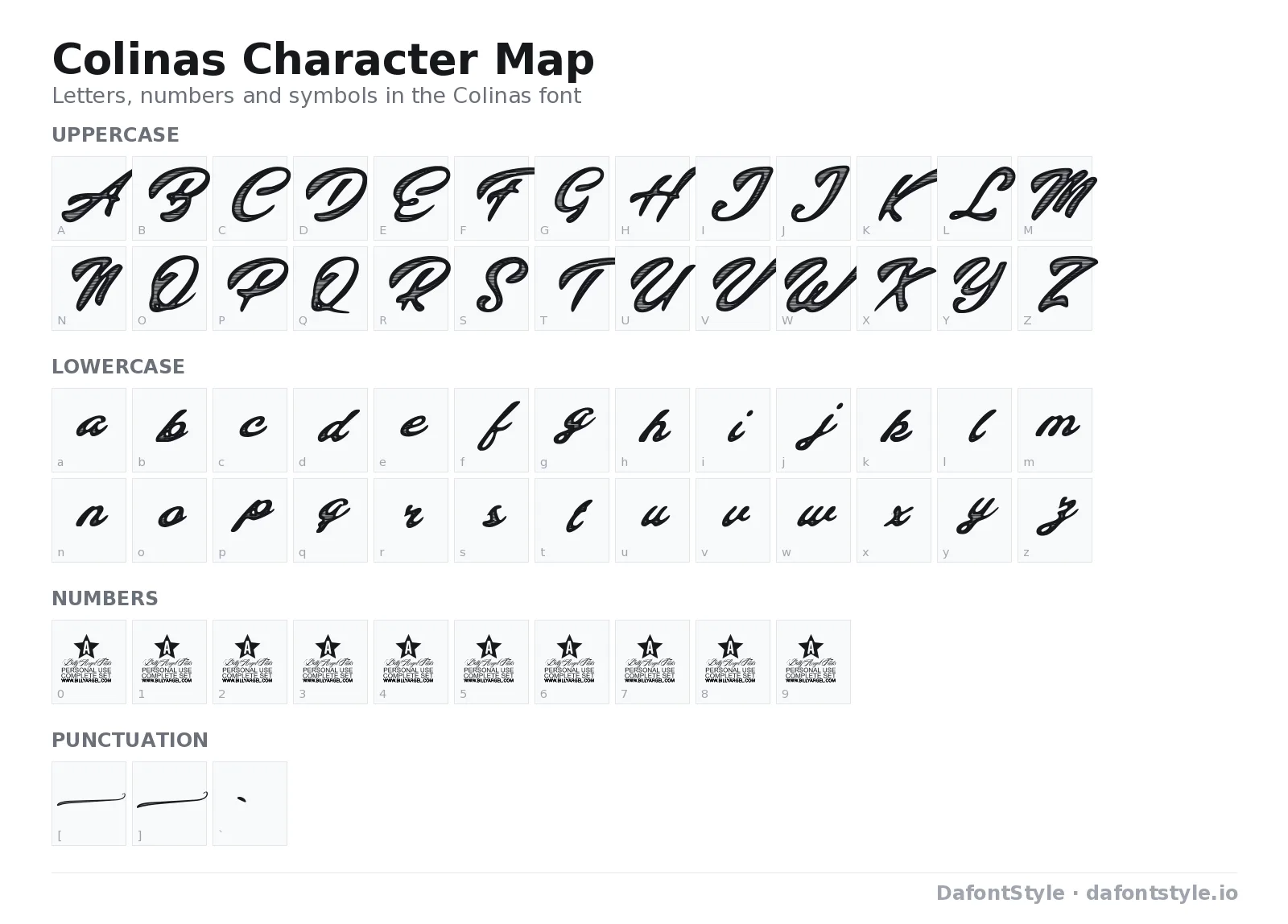 Colinas font character map with uppercase and lowercase letters, numbers and symbols