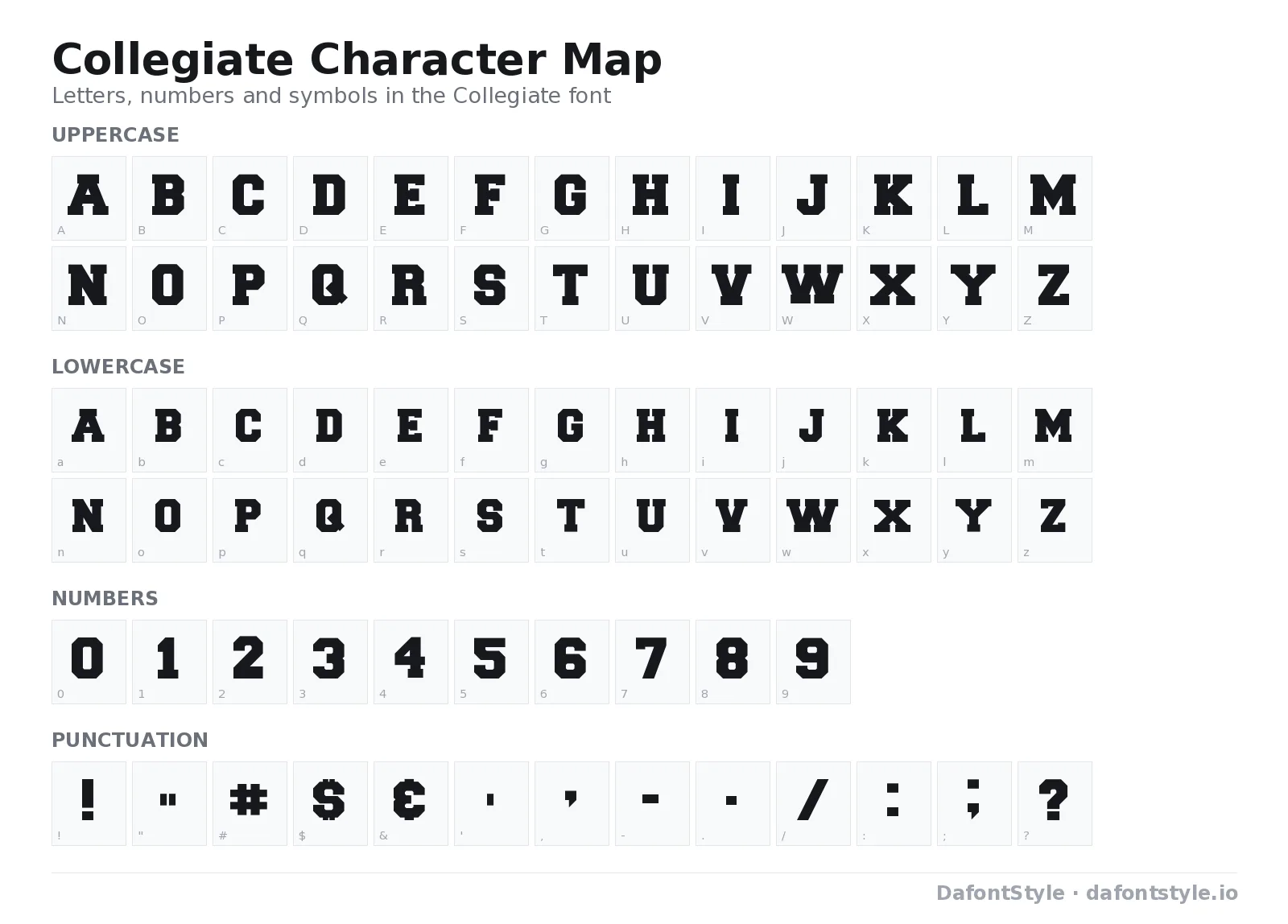 Collegiate font character map with uppercase and lowercase letters, numbers and symbols