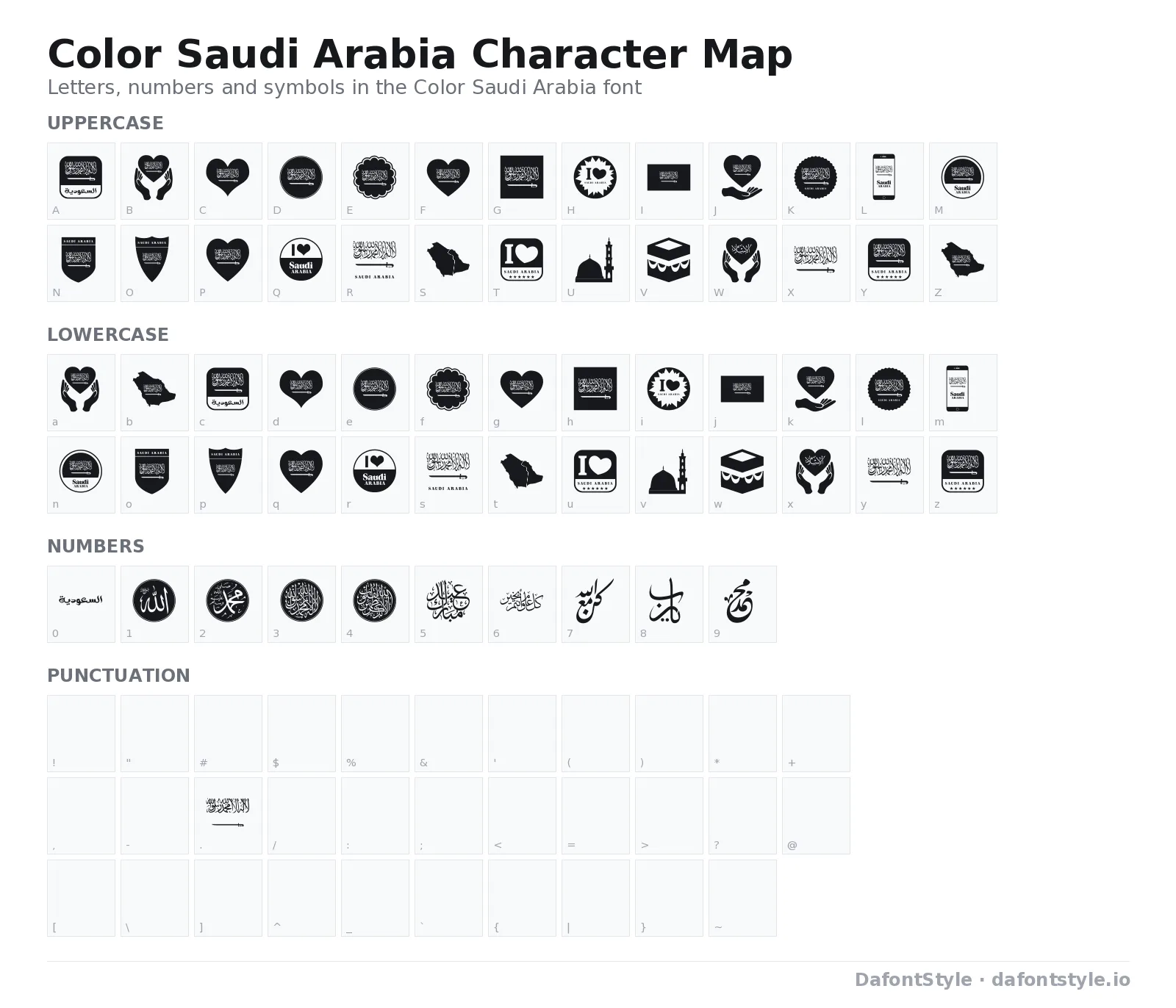 Color Saudi Arabia font character map with uppercase and lowercase letters, numbers and symbols