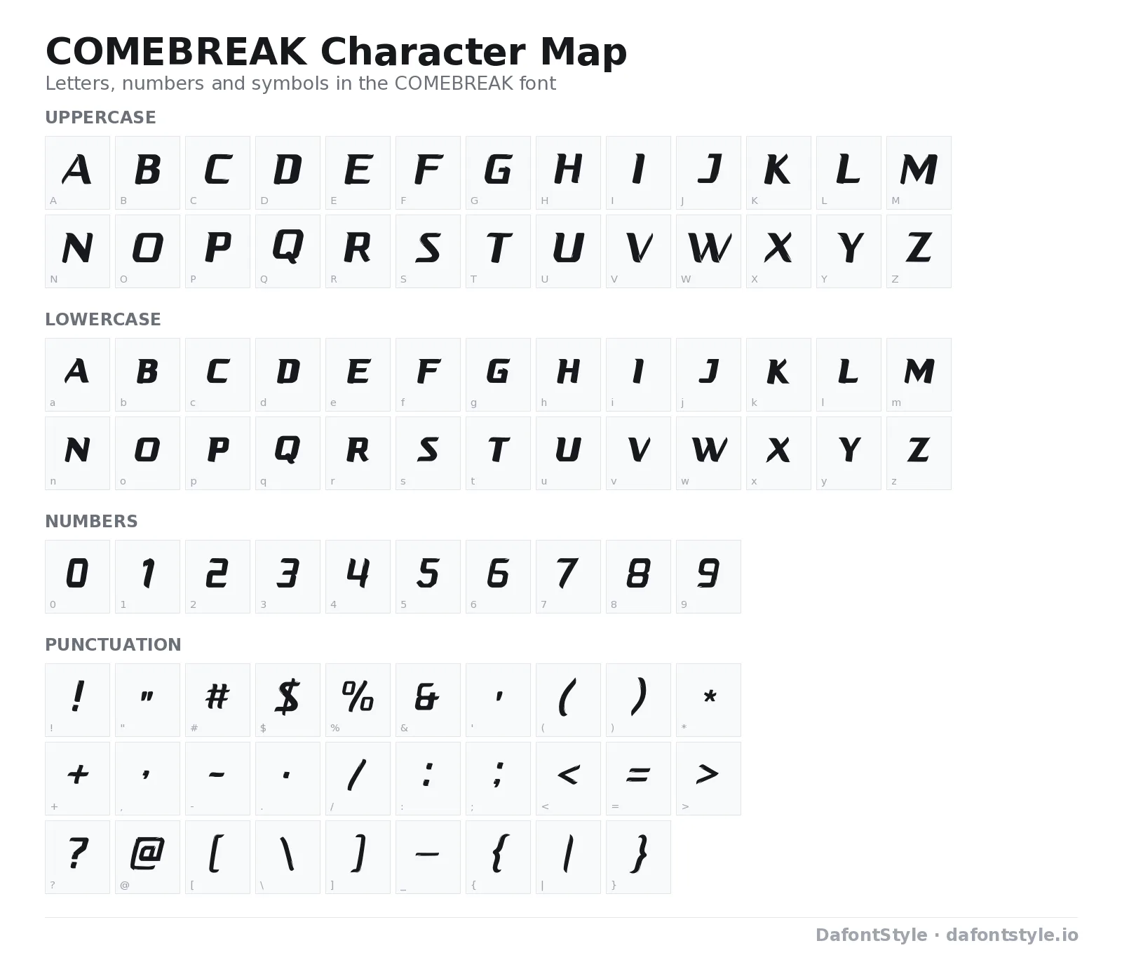COMEBREAK font character map with uppercase and lowercase letters, numbers and symbols