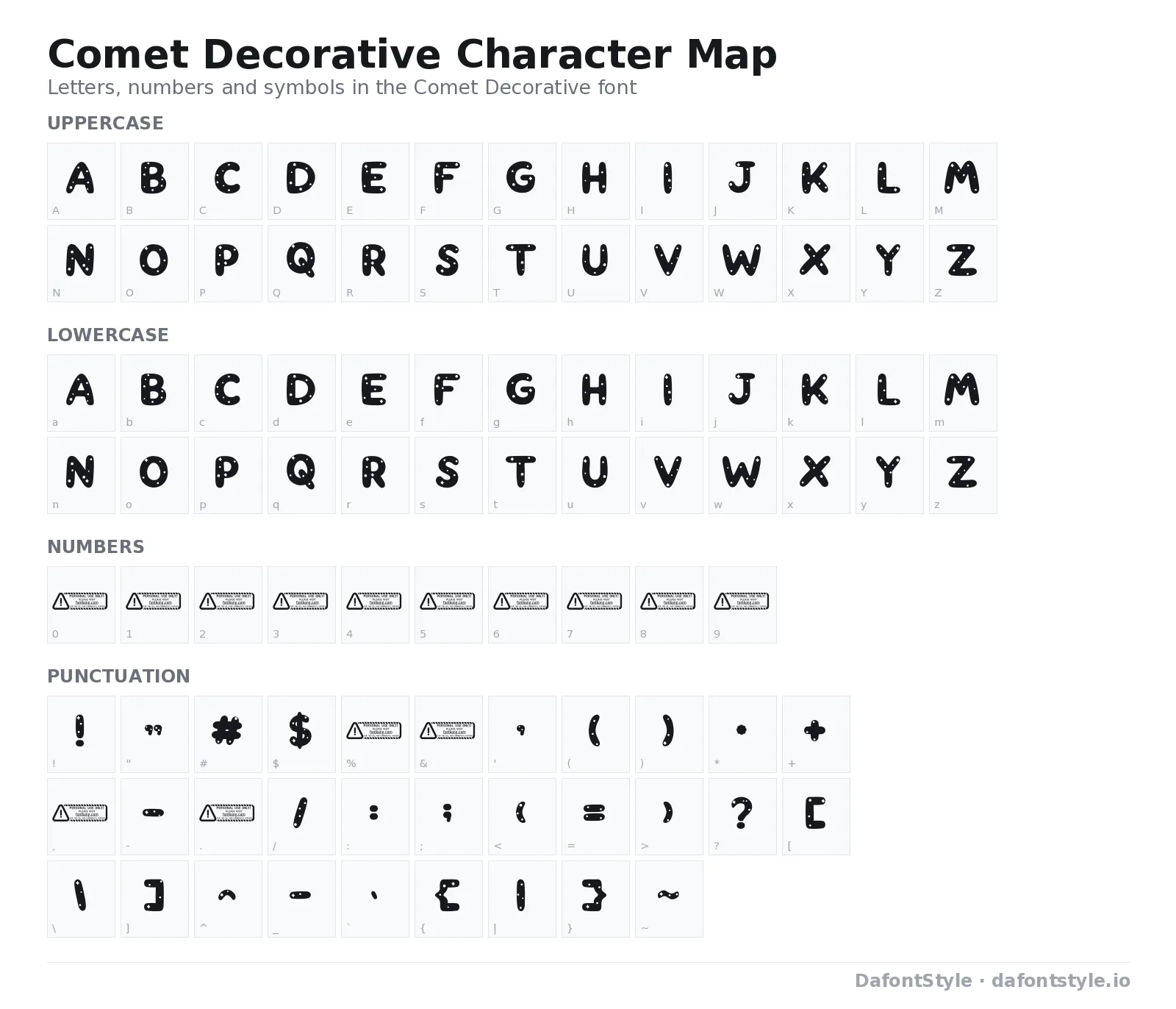 Comet Decorative font character map with uppercase and lowercase letters, numbers and symbols