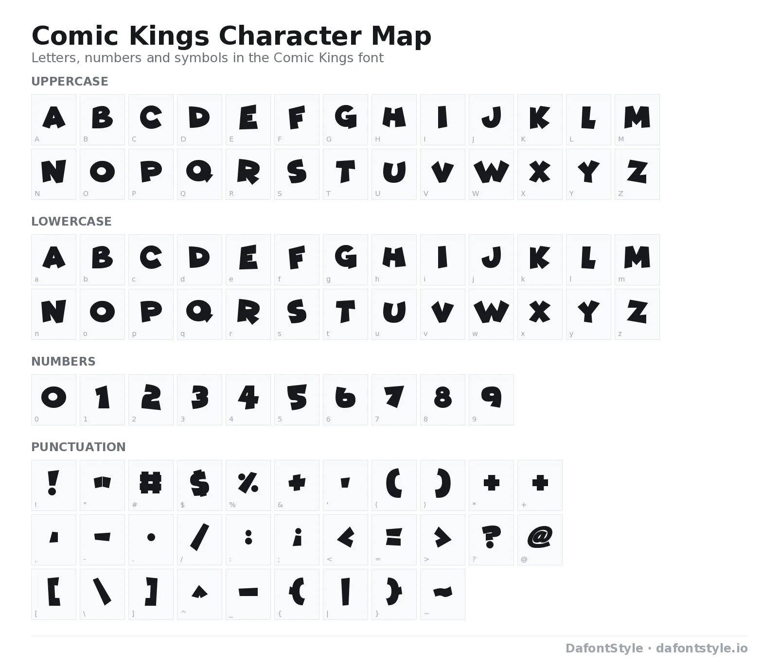 Comic Kings font character map with uppercase and lowercase letters, numbers and symbols
