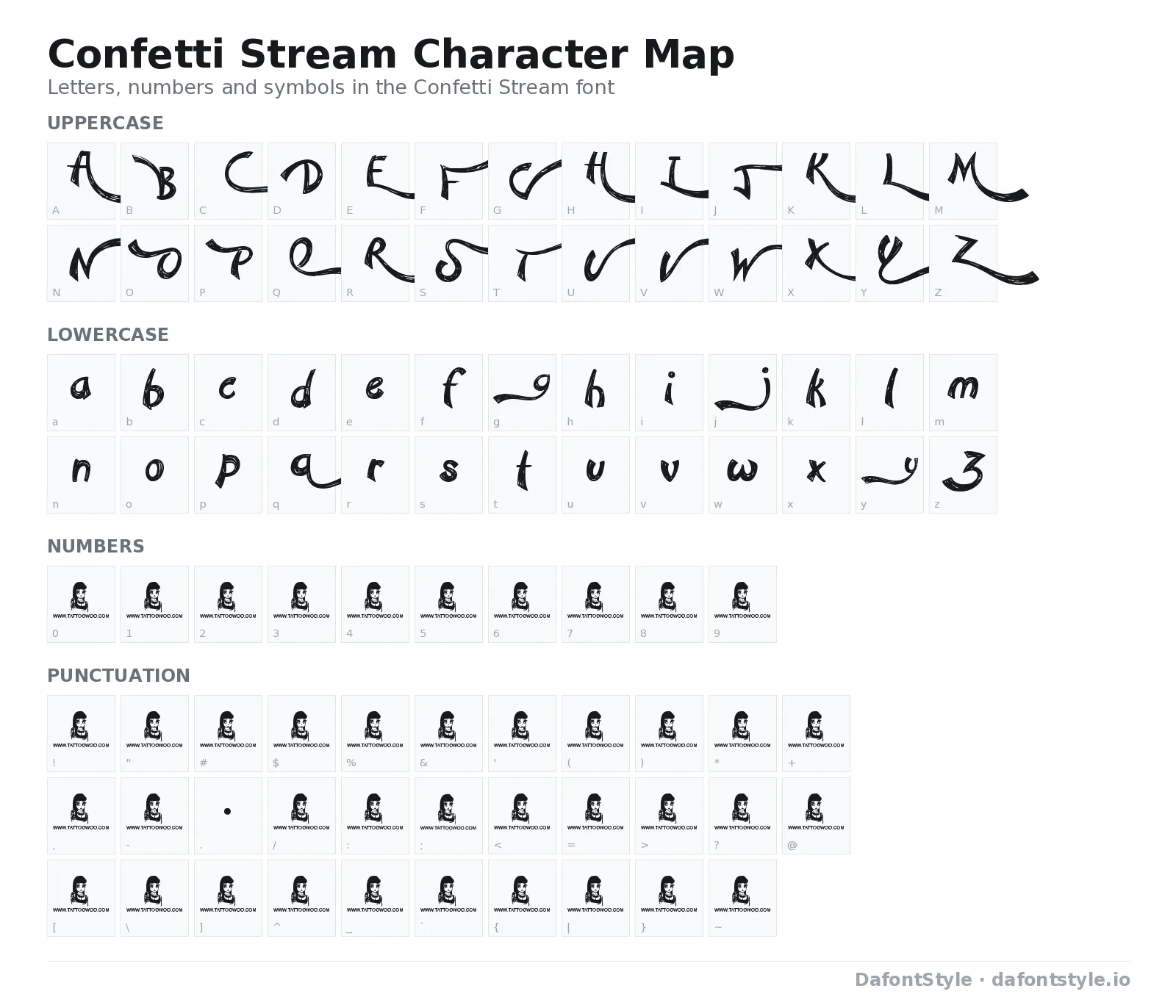 Confetti Stream font character map with uppercase and lowercase letters, numbers and symbols