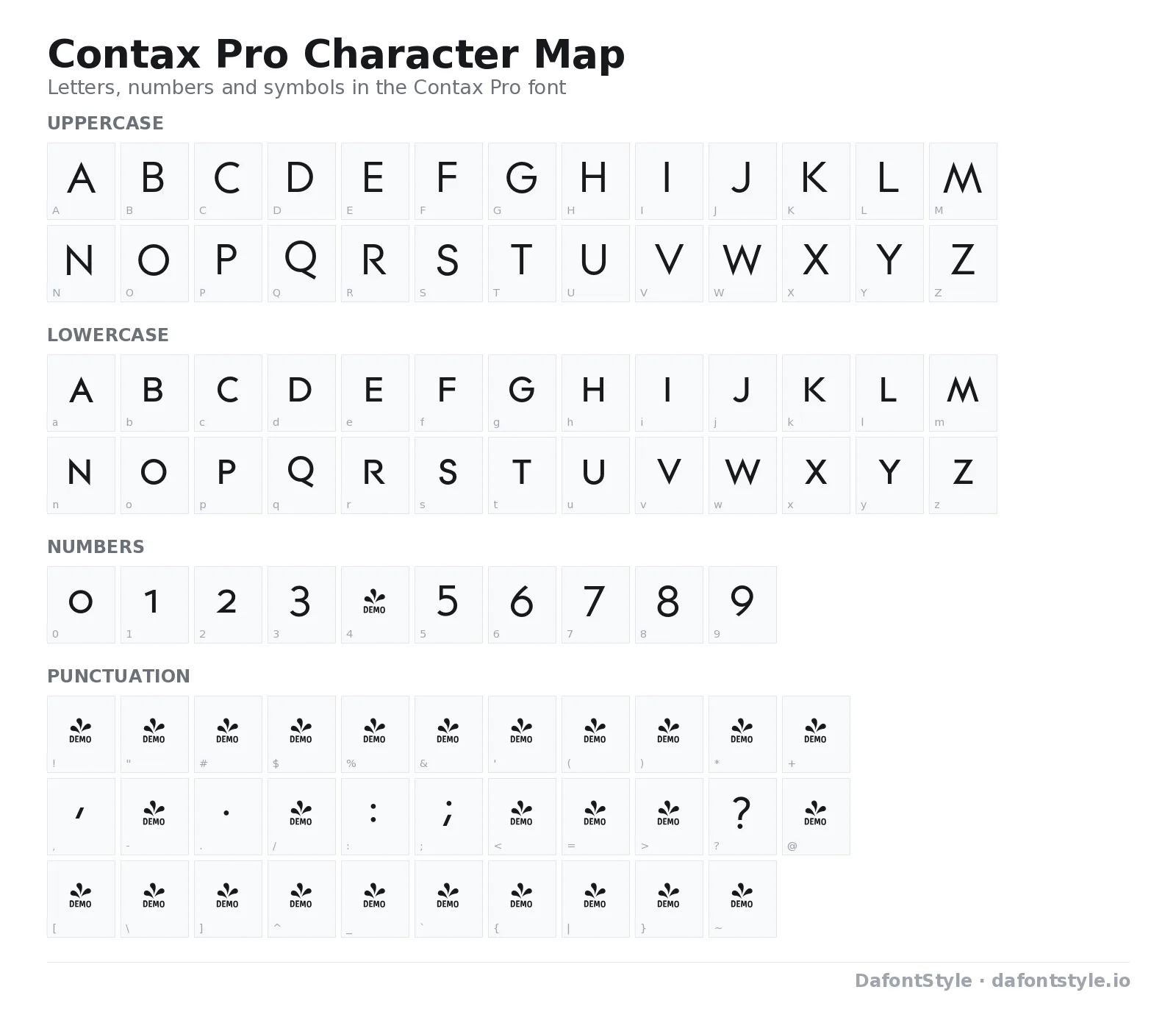 Contax Pro font character map with uppercase and lowercase letters, numbers and symbols