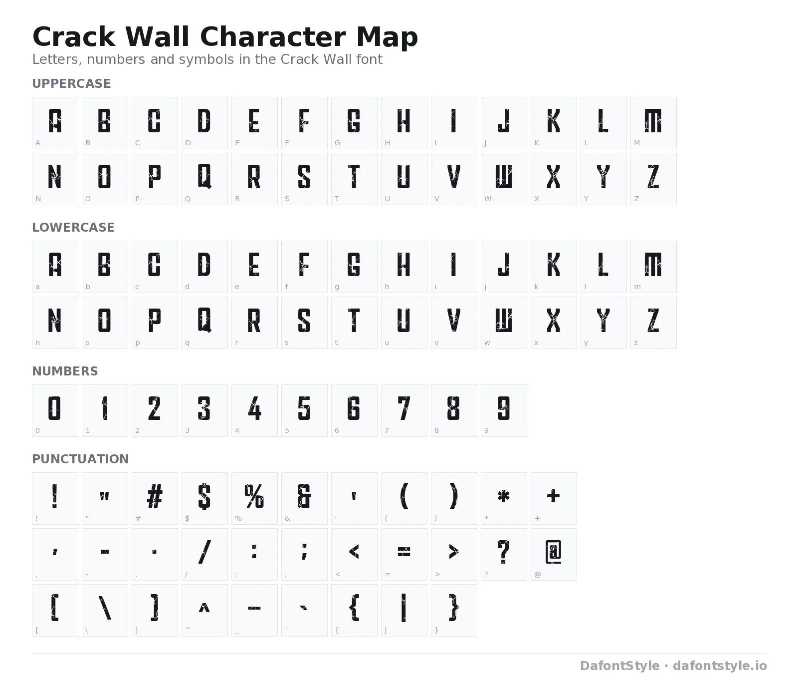 Crack Wall font character map with uppercase and lowercase letters, numbers and symbols