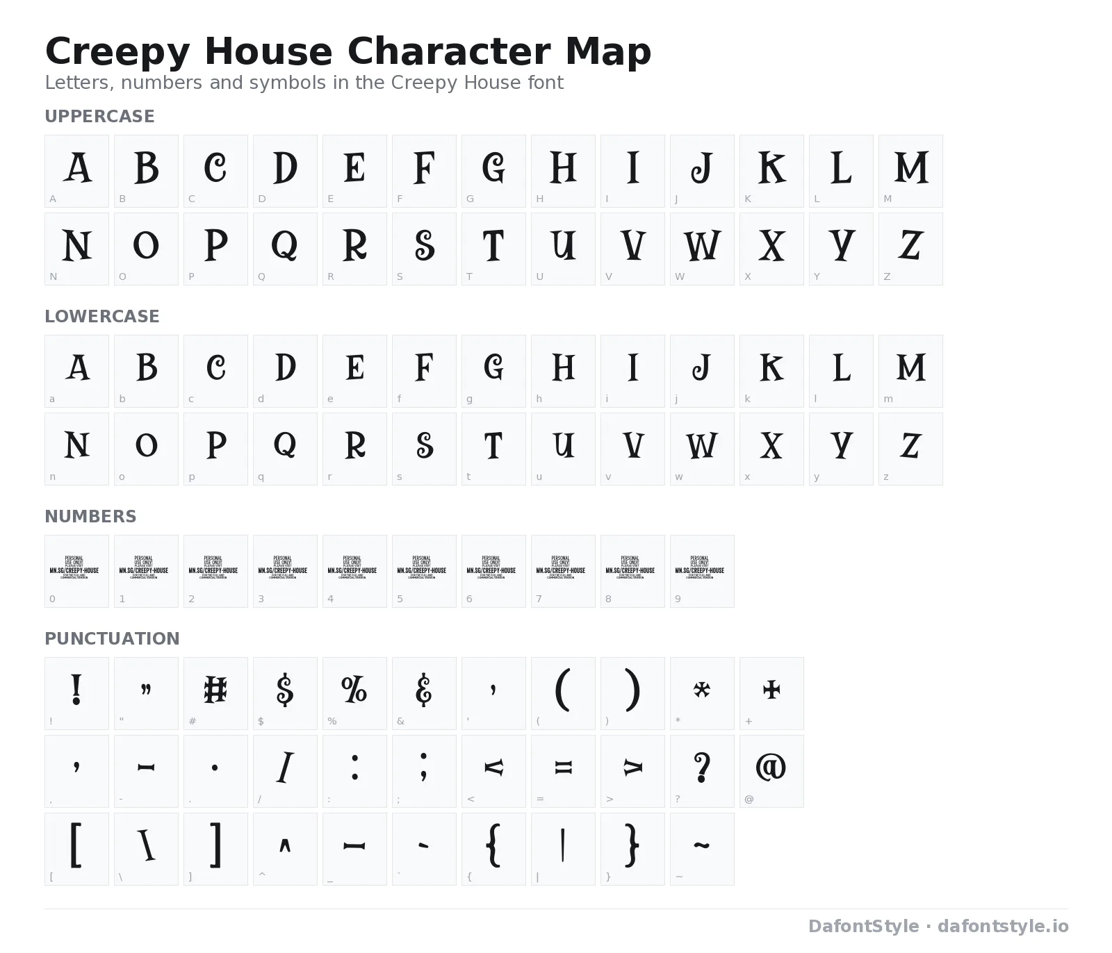 Creepy House font character map with uppercase and lowercase letters, numbers and symbols