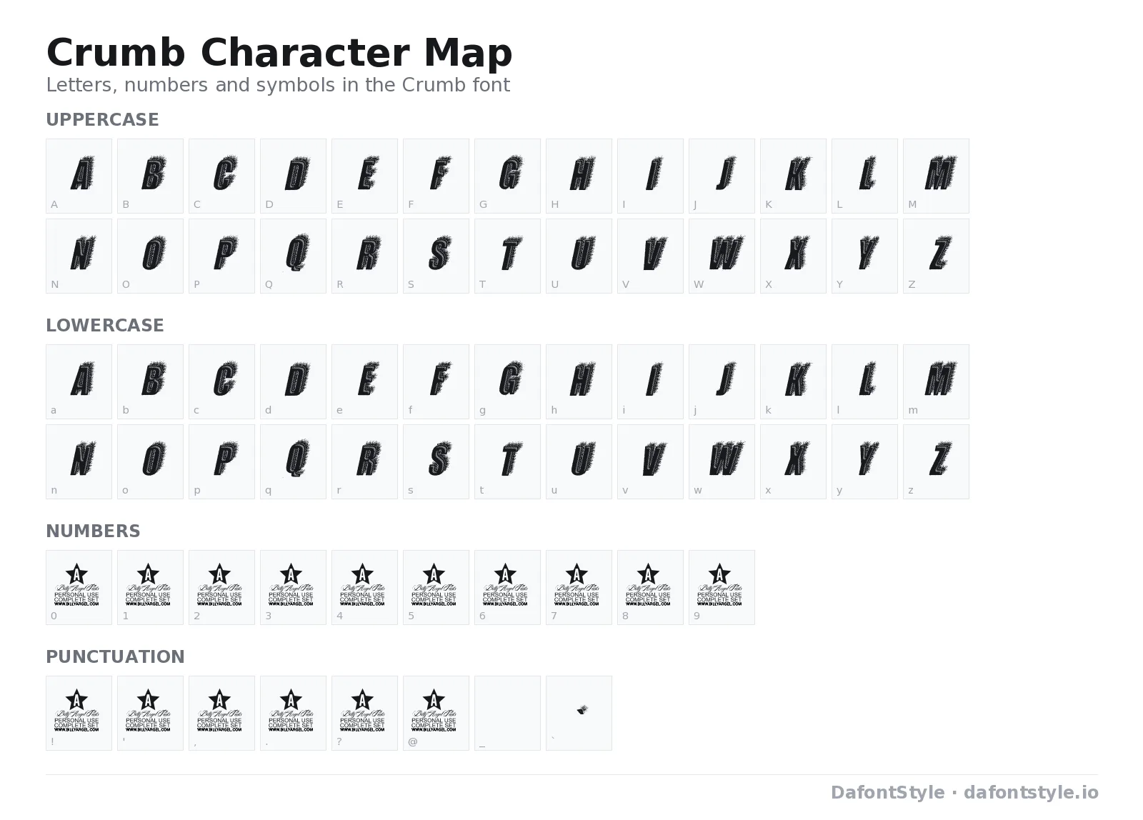 Crumb font character map with uppercase and lowercase letters, numbers and symbols