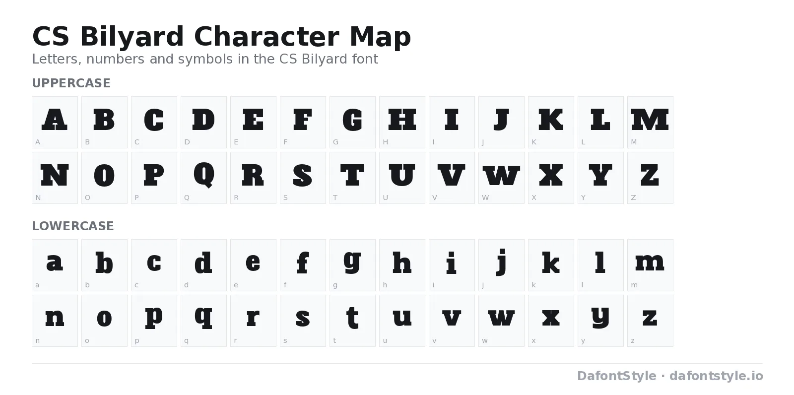 CS Bilyard font character map with uppercase and lowercase letters, numbers and symbols