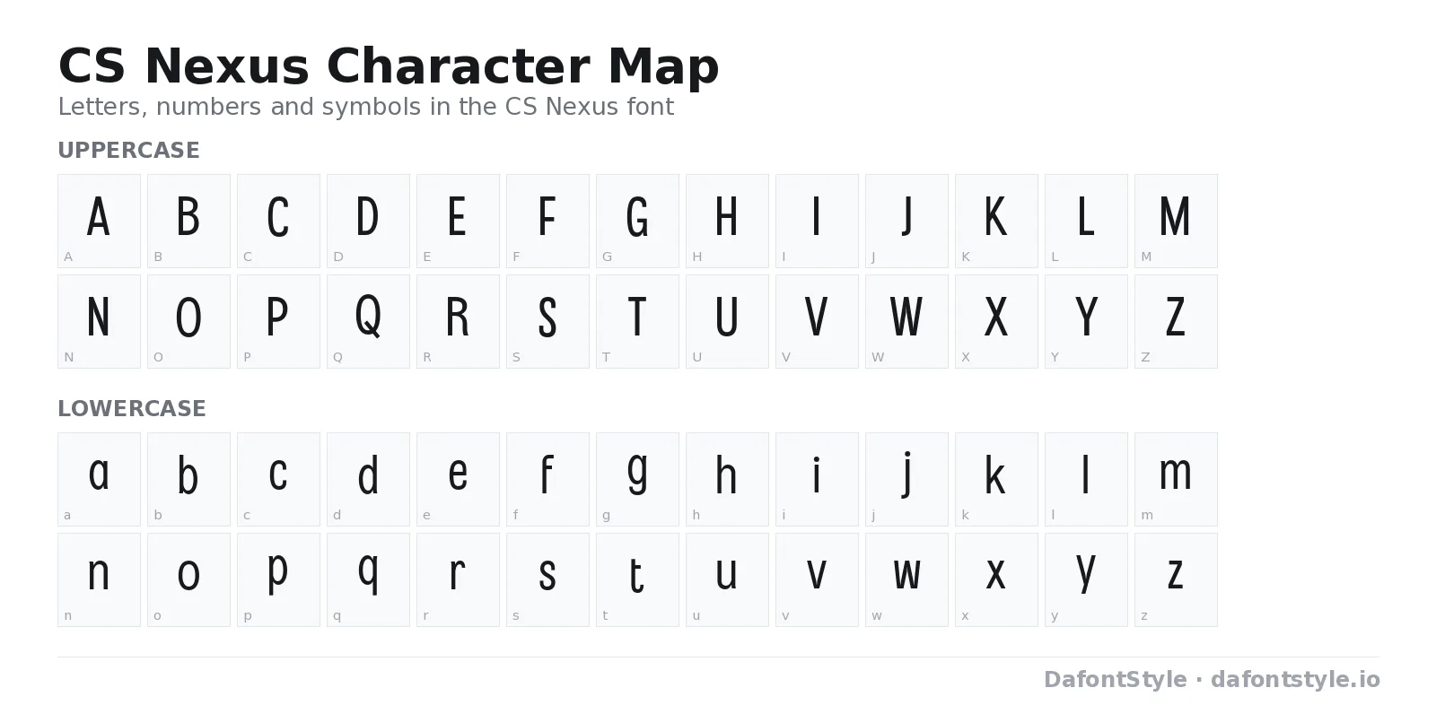 CS Nexus font character map with uppercase and lowercase letters, numbers and symbols