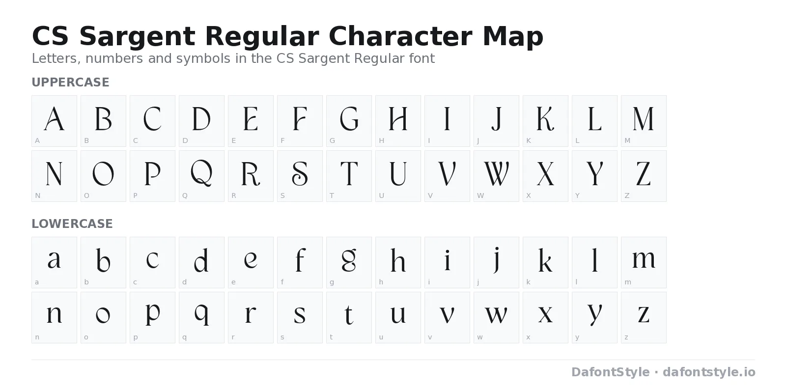 CS Sargent Regular font character map with uppercase and lowercase letters, numbers and symbols