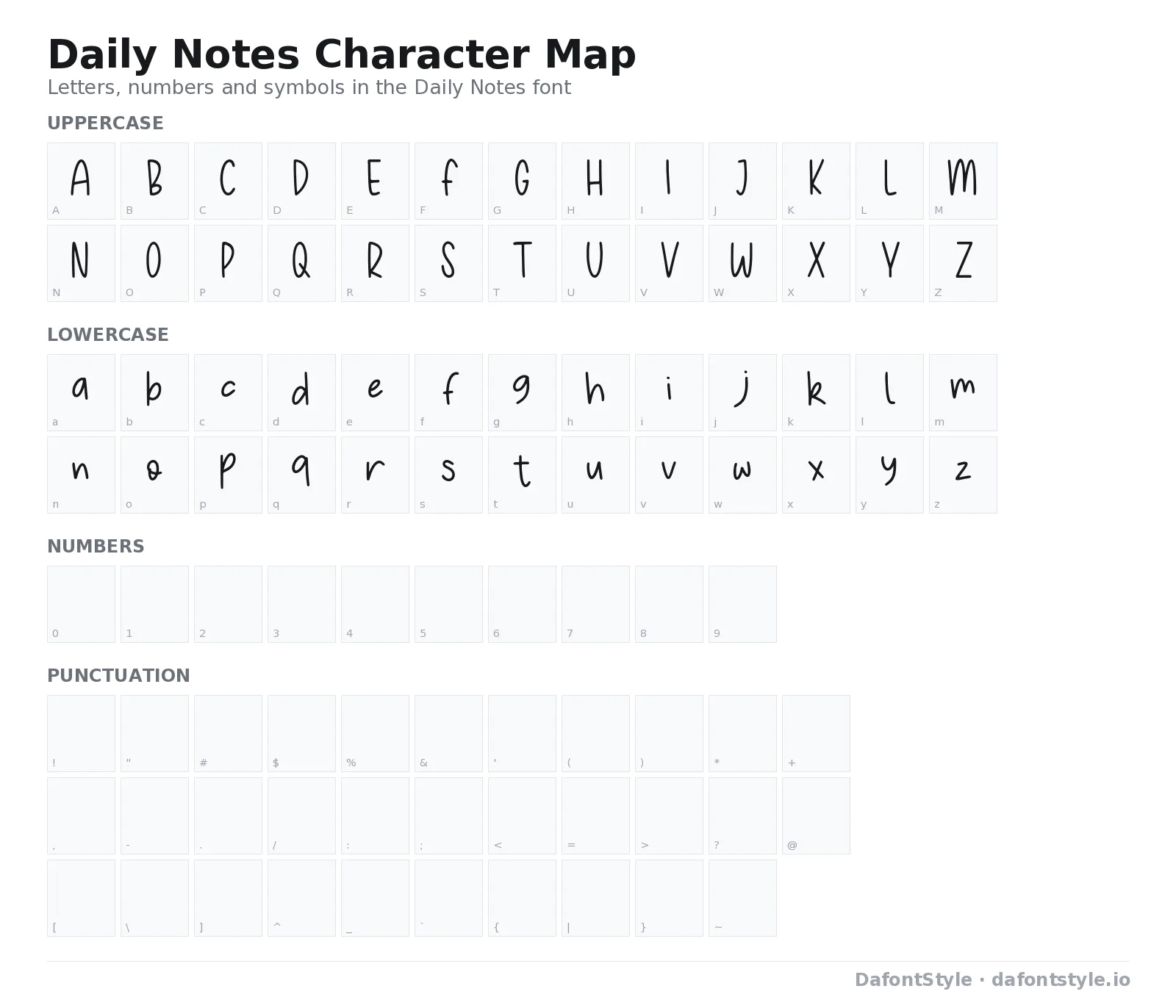 Daily Notes font character map with uppercase and lowercase letters, numbers and symbols