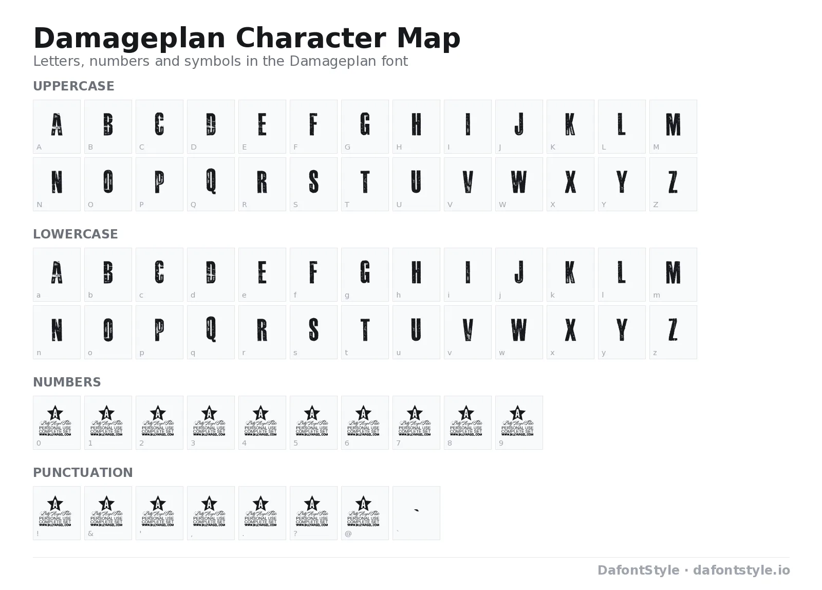 Damageplan font character map with uppercase and lowercase letters, numbers and symbols