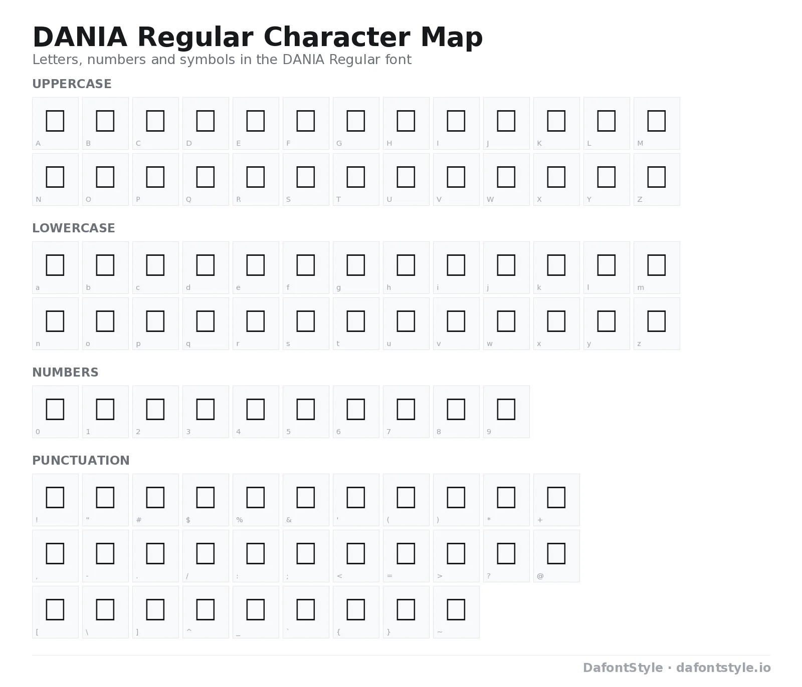DANIA Regular font character map with uppercase and lowercase letters, numbers and symbols