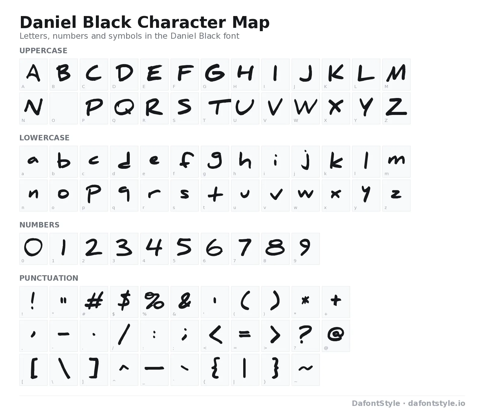 Daniel Black font character map with uppercase and lowercase letters, numbers and symbols