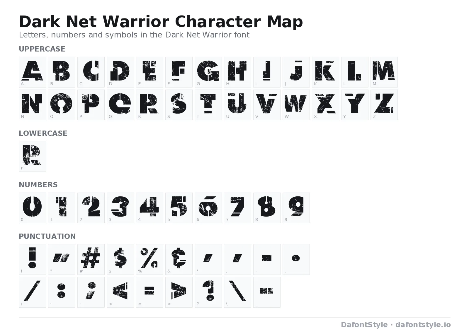 Dark Net Warrior font character map with uppercase and lowercase letters, numbers and symbols