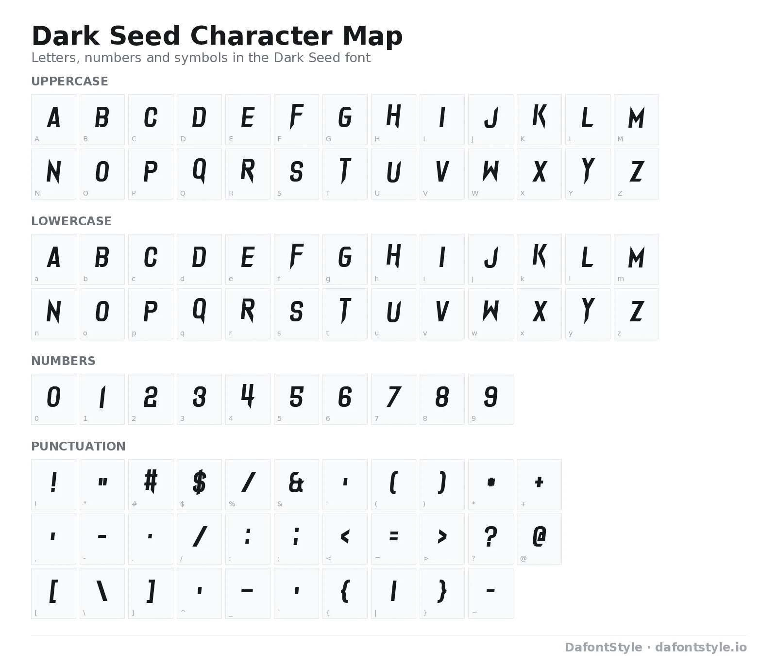 Dark Seed font character map with uppercase and lowercase letters, numbers and symbols