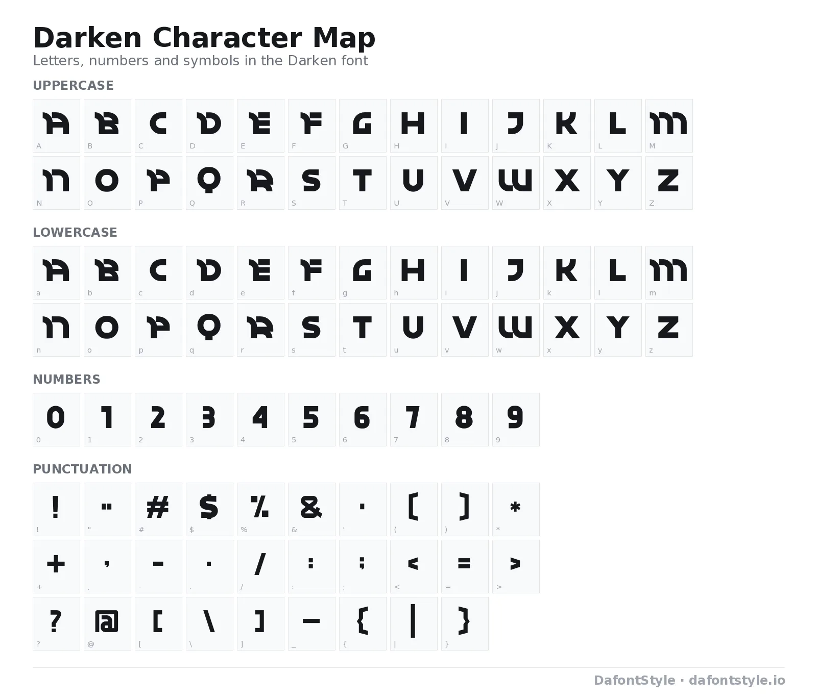 Darken font character map with uppercase and lowercase letters, numbers and symbols