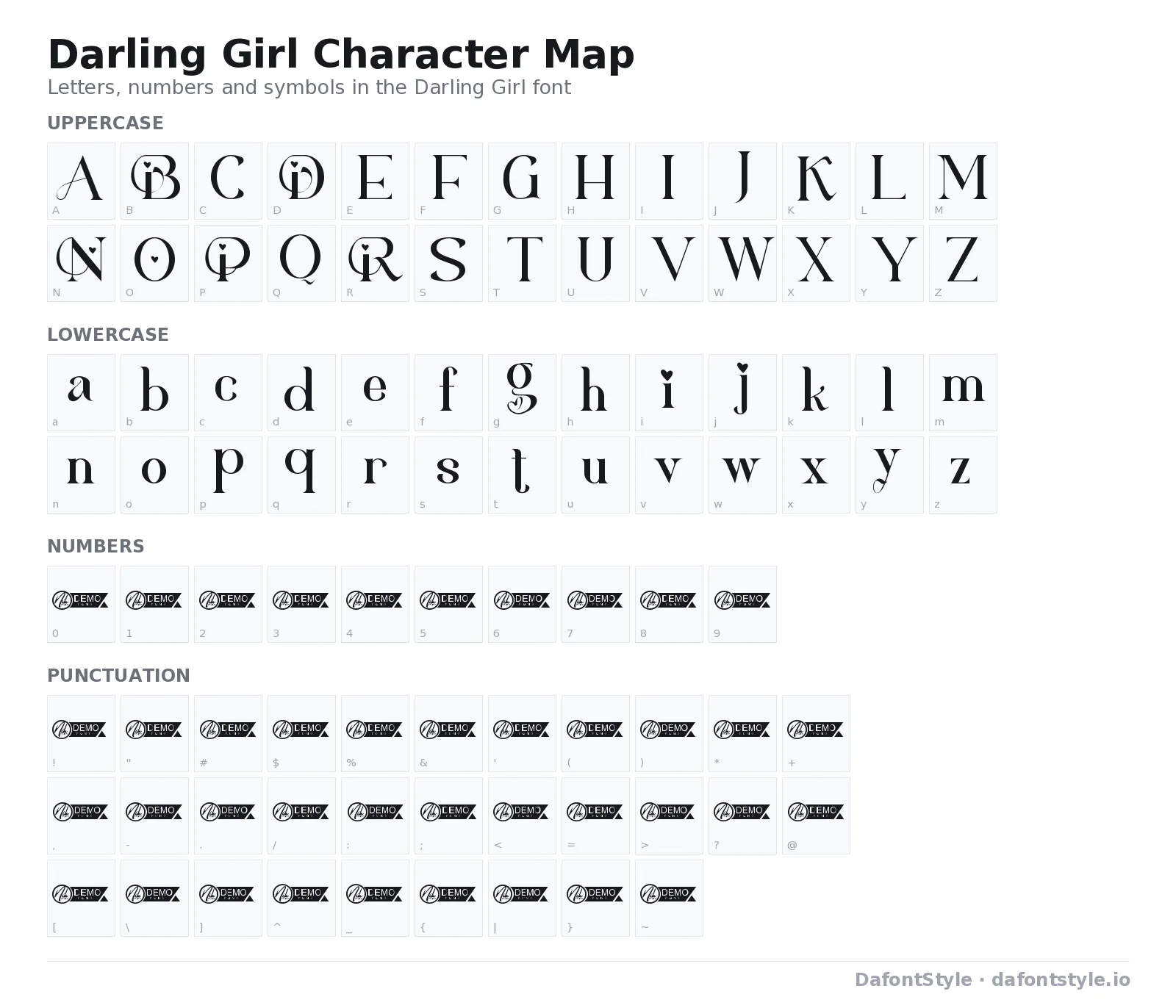 Darling Girl font character map with uppercase and lowercase letters, numbers and symbols