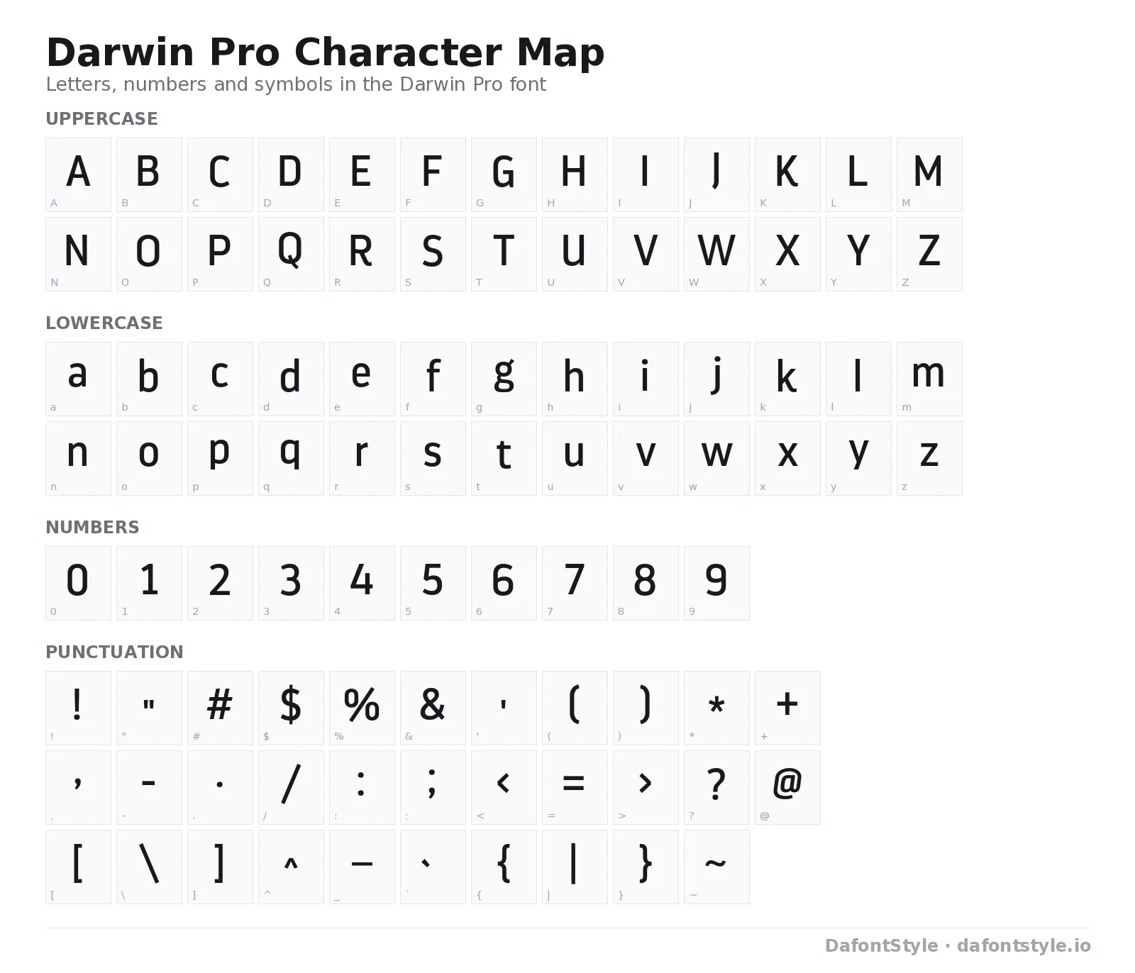 Darwin Pro font character map with uppercase and lowercase letters, numbers and symbols